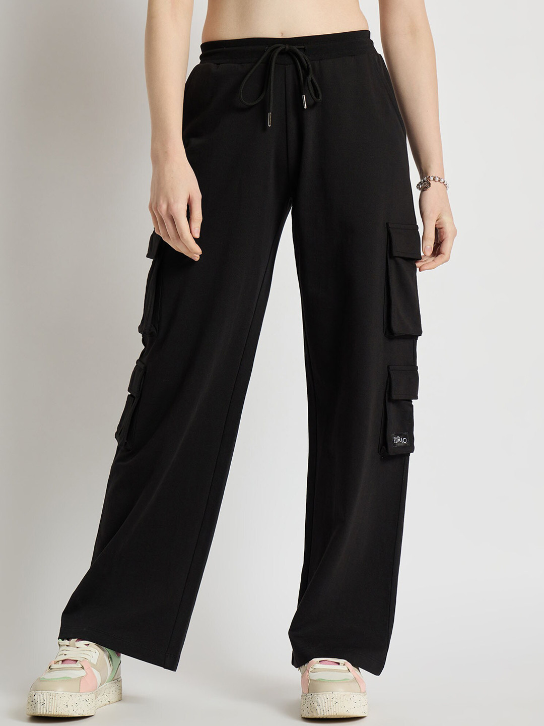 

EDRIO Women Relaxed Fit Cotton Cargo Track Pants, Black