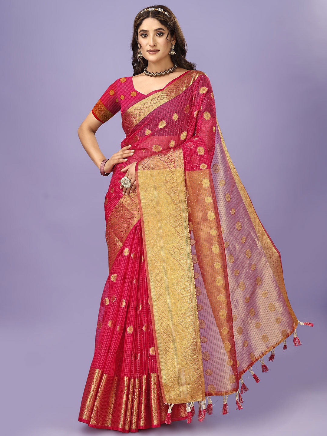 

ANISSA SAREE Ethnic Motifs Woven Design Zari Organza Banarasi Saree, Pink