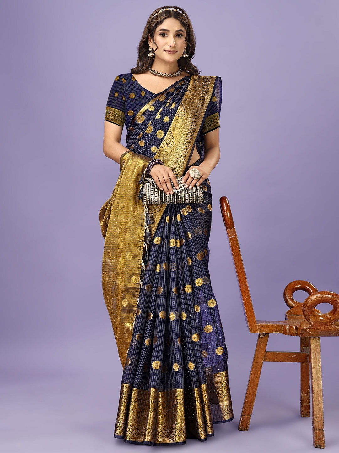 

ANISSA SAREE Floral Woven Design Organza Banarasi Zari Saree, Navy blue