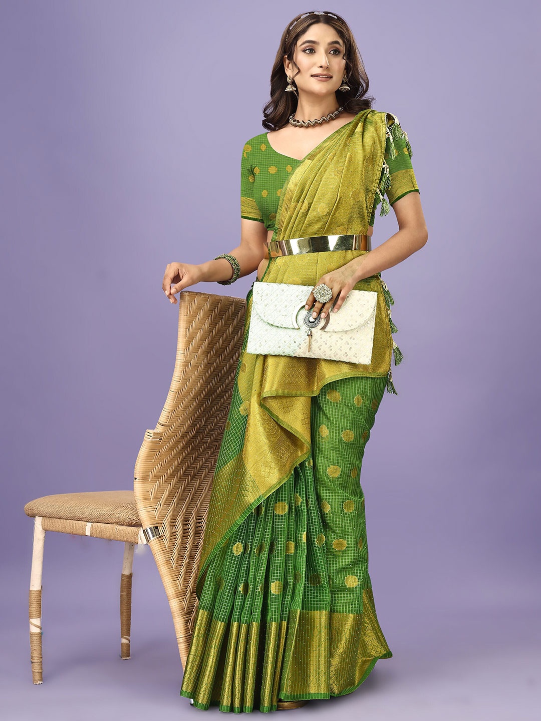 

ANISSA SAREE Floral Woven Design Organza Banarasi Zari Saree, Olive