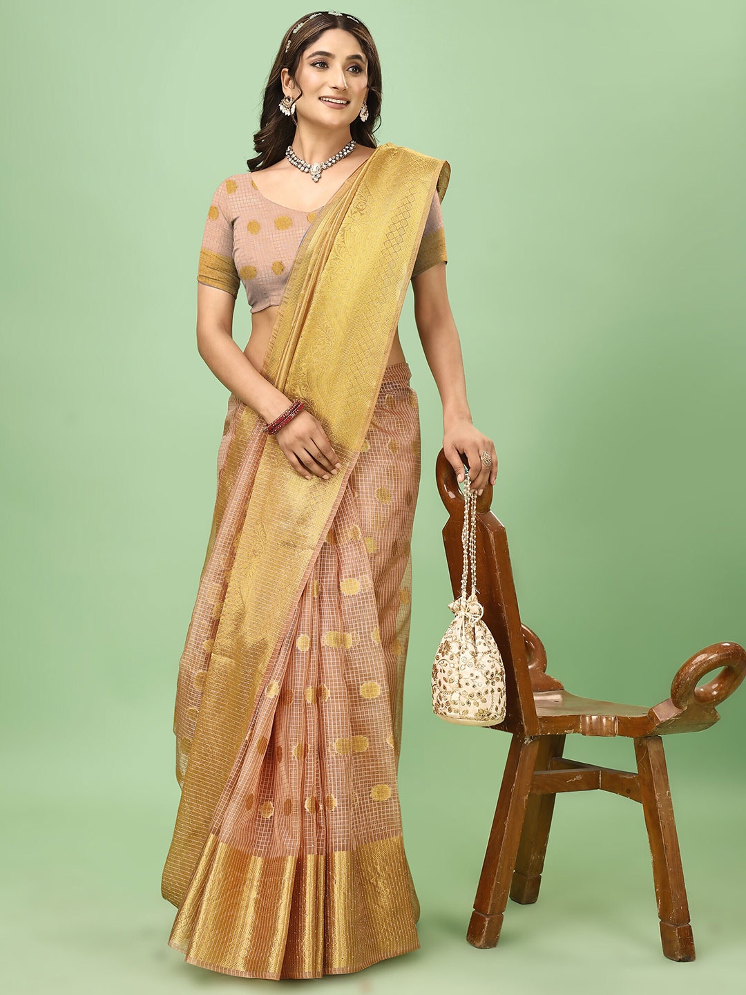 

ANISSA SAREE Floral Woven Design Organza Banarasi Zari Saree, Beige