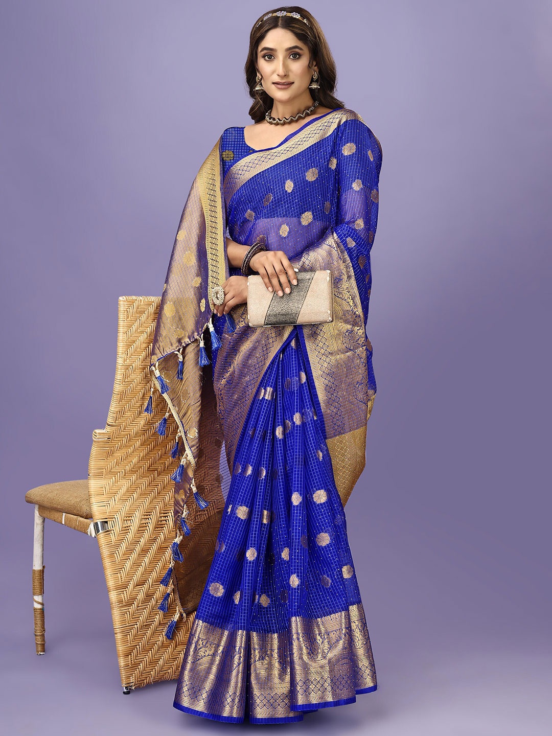 

ANISSA SAREE Floral Woven Design Organza Banarasi Zari Saree, Blue