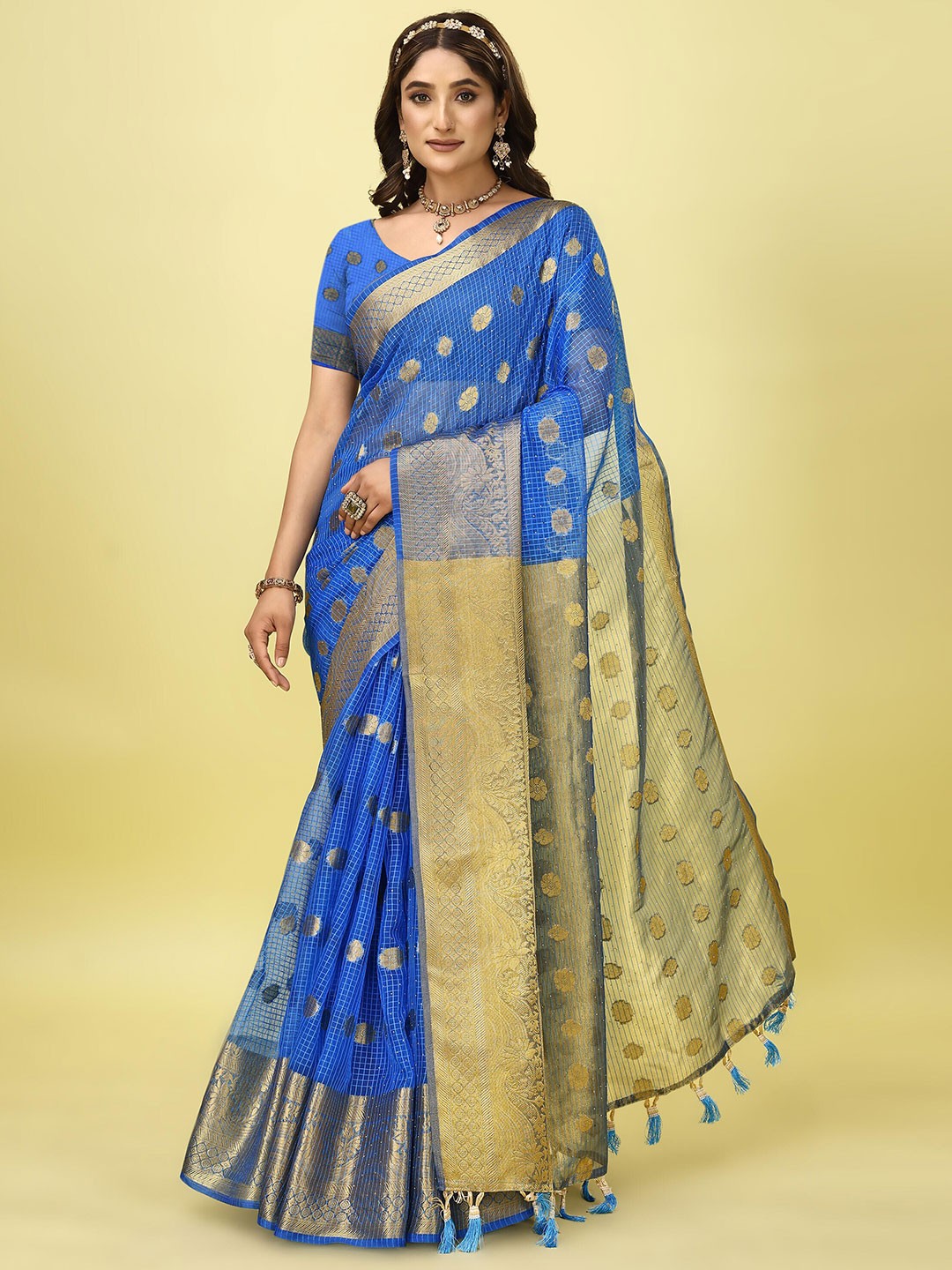 

ANISSA SAREE Floral Woven Design Organza Banarasi Zari Saree, Blue