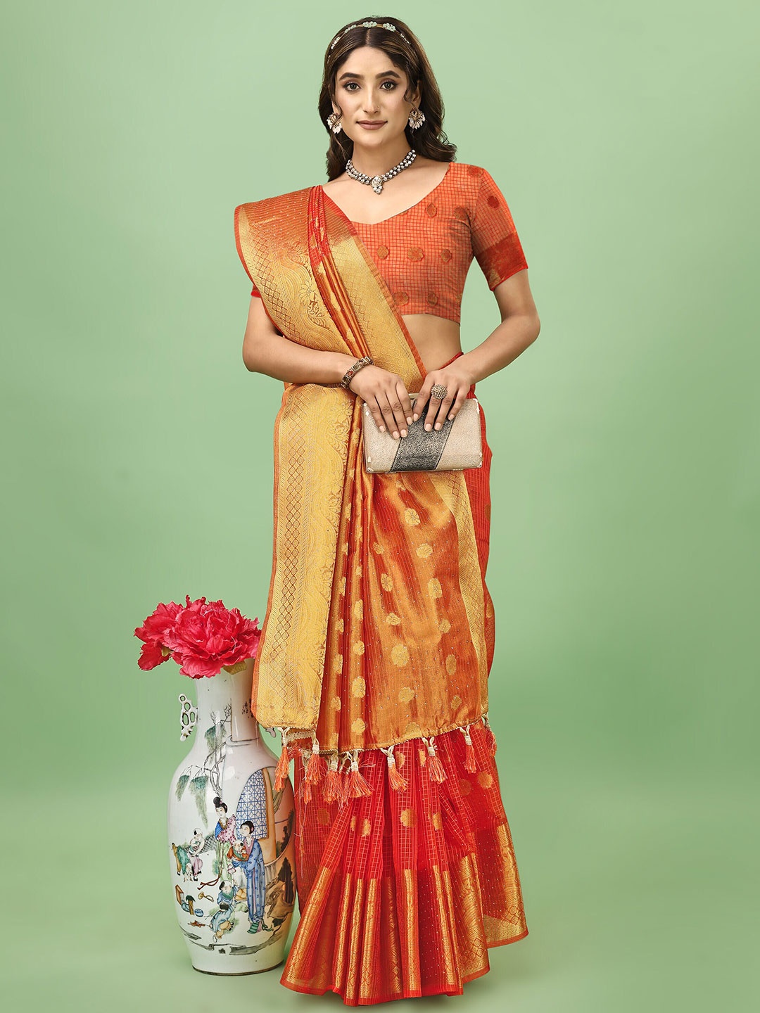 

ANISSA SAREE Ethnic Motifs Woven Design Zari Organza Banarasi Saree, Orange