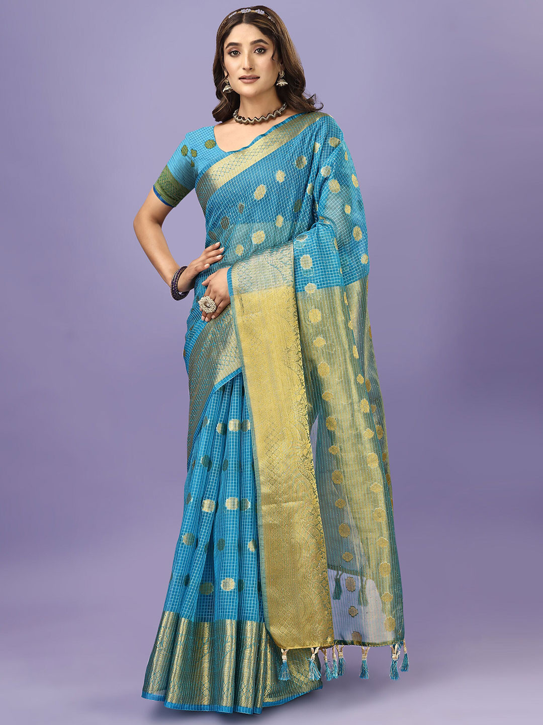 

ANISSA SAREE Floral Woven Design Zari Organza Banarasi Saree, Sea green