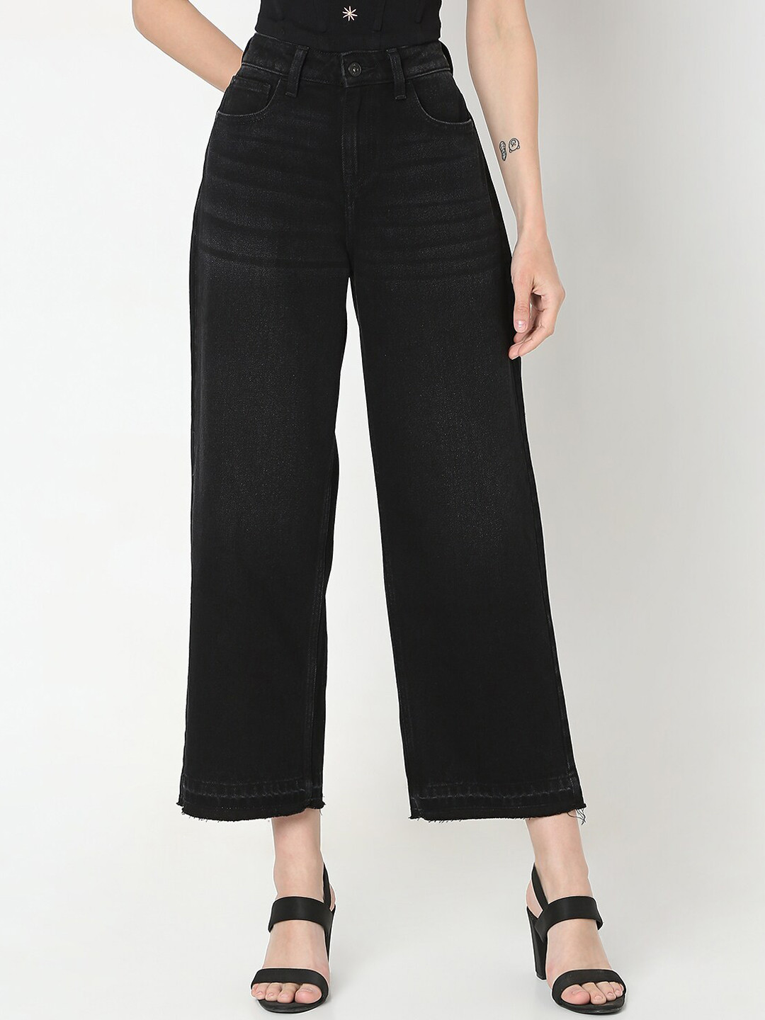 

Vero Moda Women Wide Leg Pure Cotton High-Rise Jeans, Black