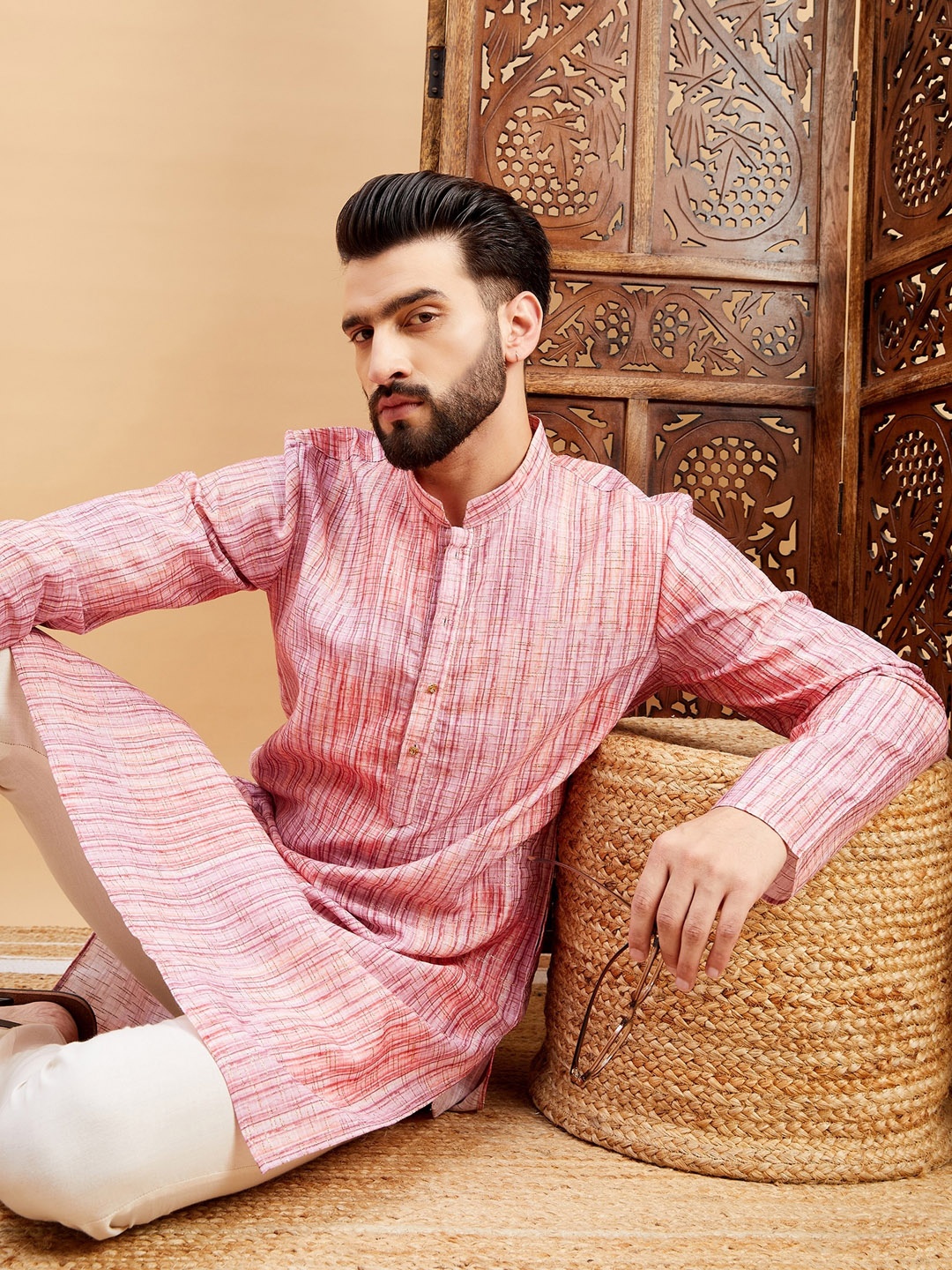 

HERE&NOW Mandarin Collar Long Sleeves Striped Straight Kurta, Pink