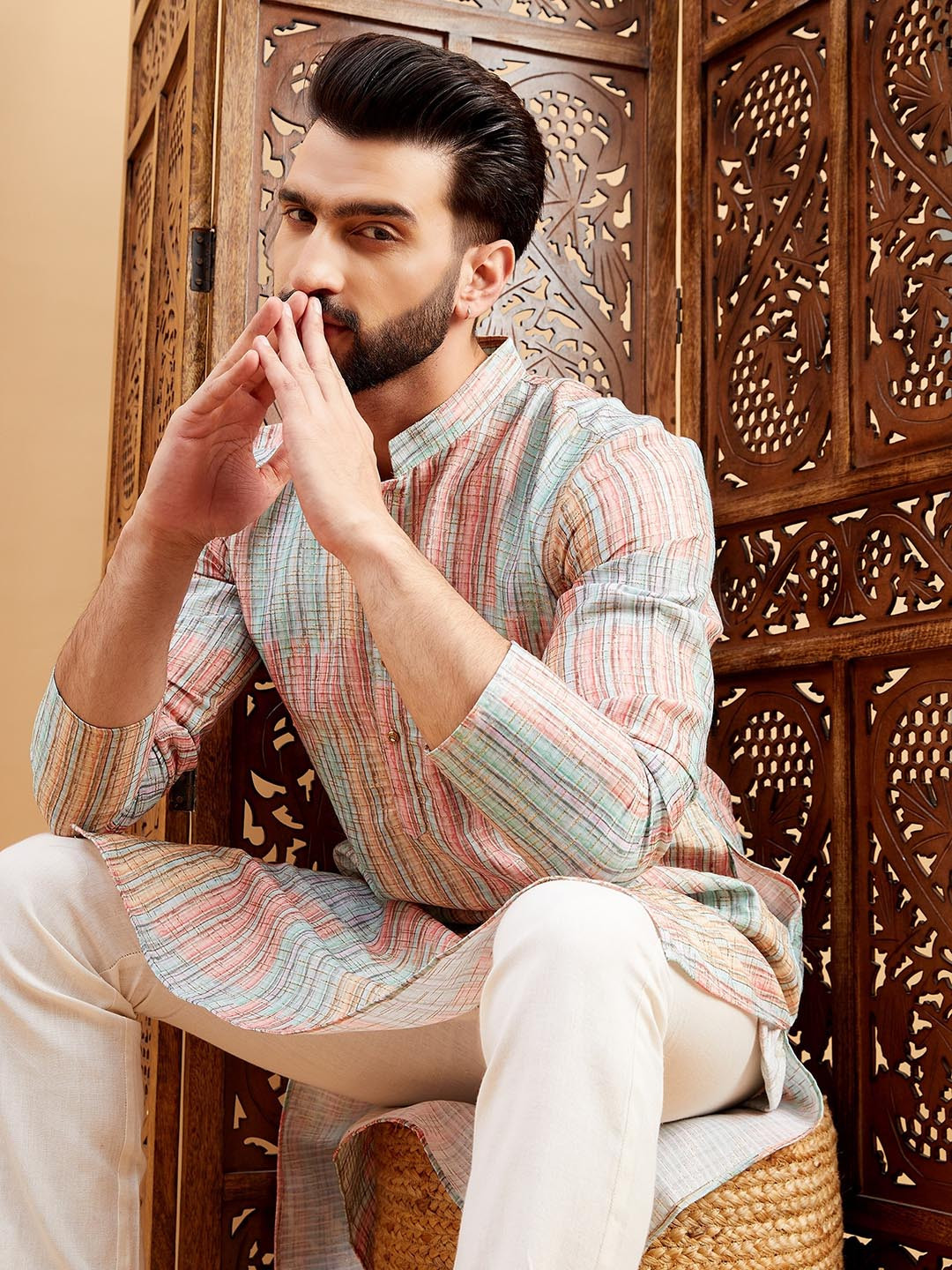 

HERE&NOW Striped Woven Design Kurta, Green