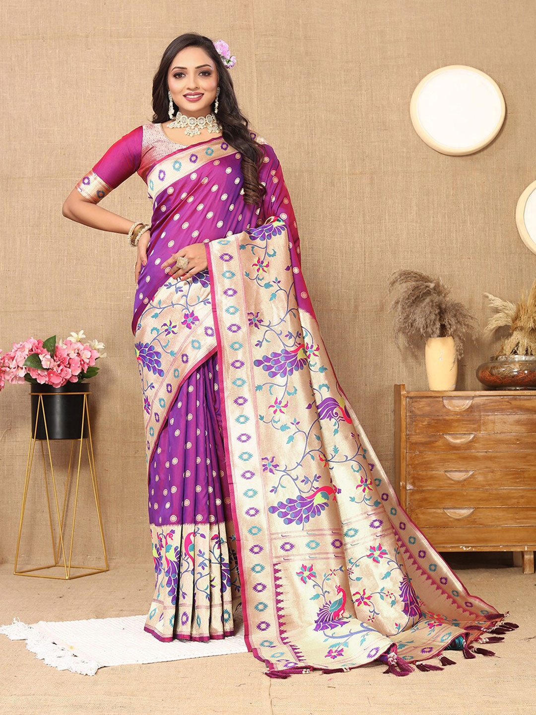 

Lookslady Ethnic Motifs Woven Design Zari Pure Silk Paithani Saree, Purple