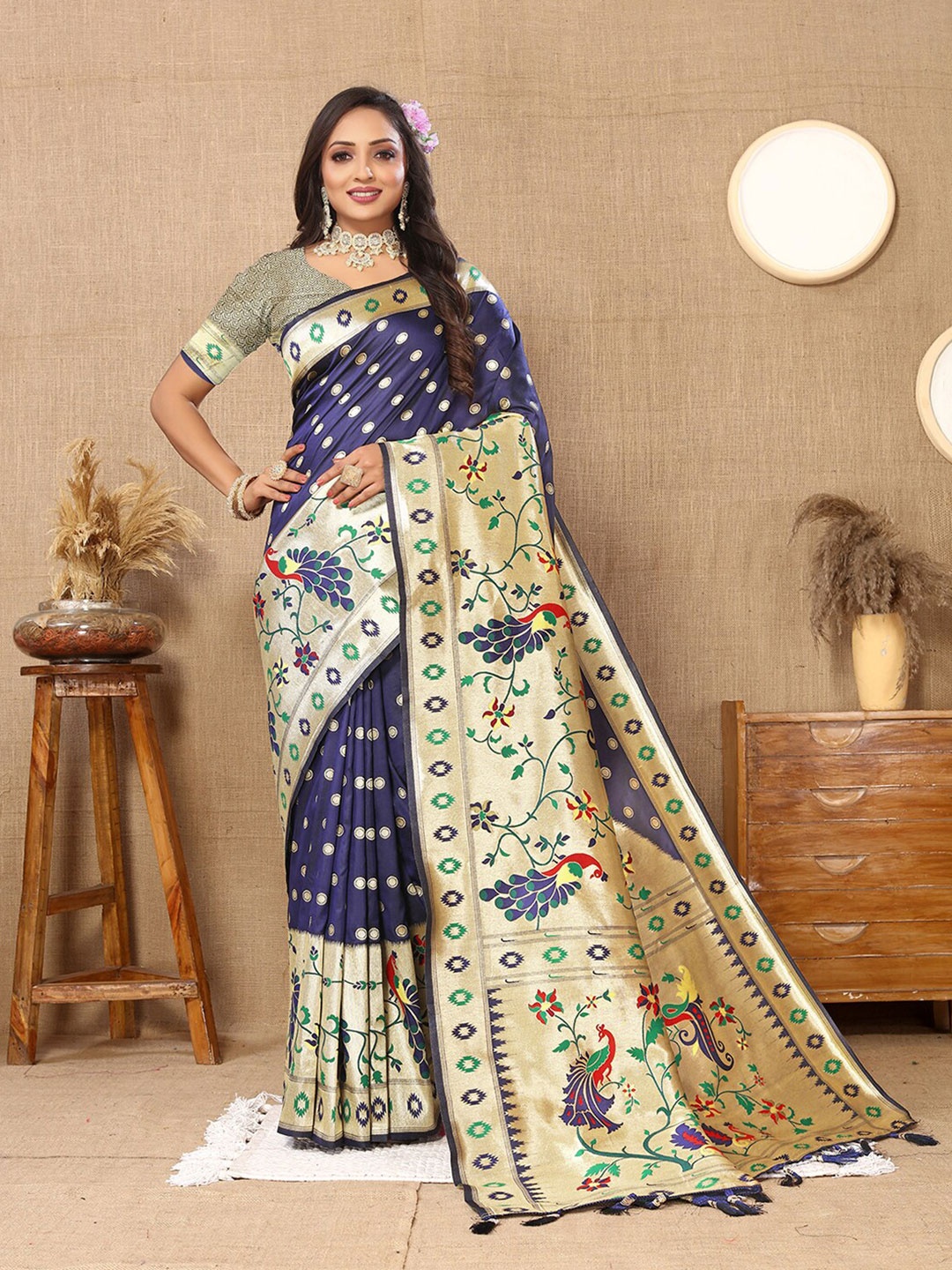 Lookslady Ethnic Motifs Woven Design Zari Pure Silk Paithani Saree, Navy blue