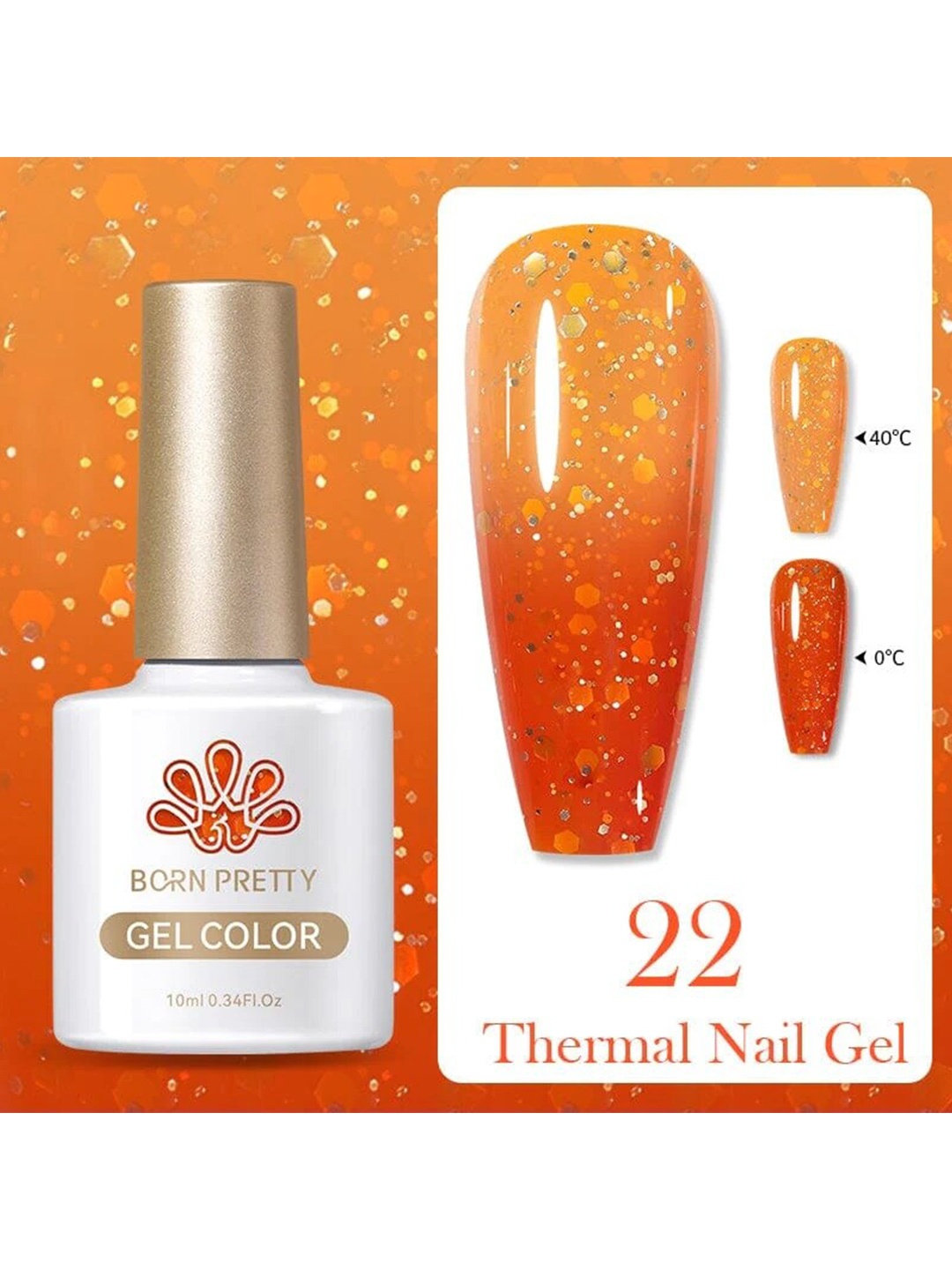 

BORN PRETTY Thermal Color Changing Gel Nail Polish - 10ml - TG22, Orange