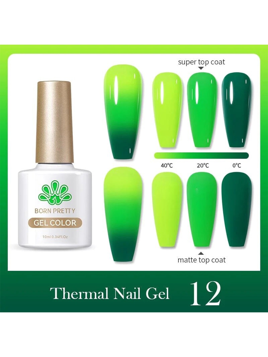 BORN PRETTY Thermal Nail Gel Color Changing Nail Polish - 10 ml - TG12, Green