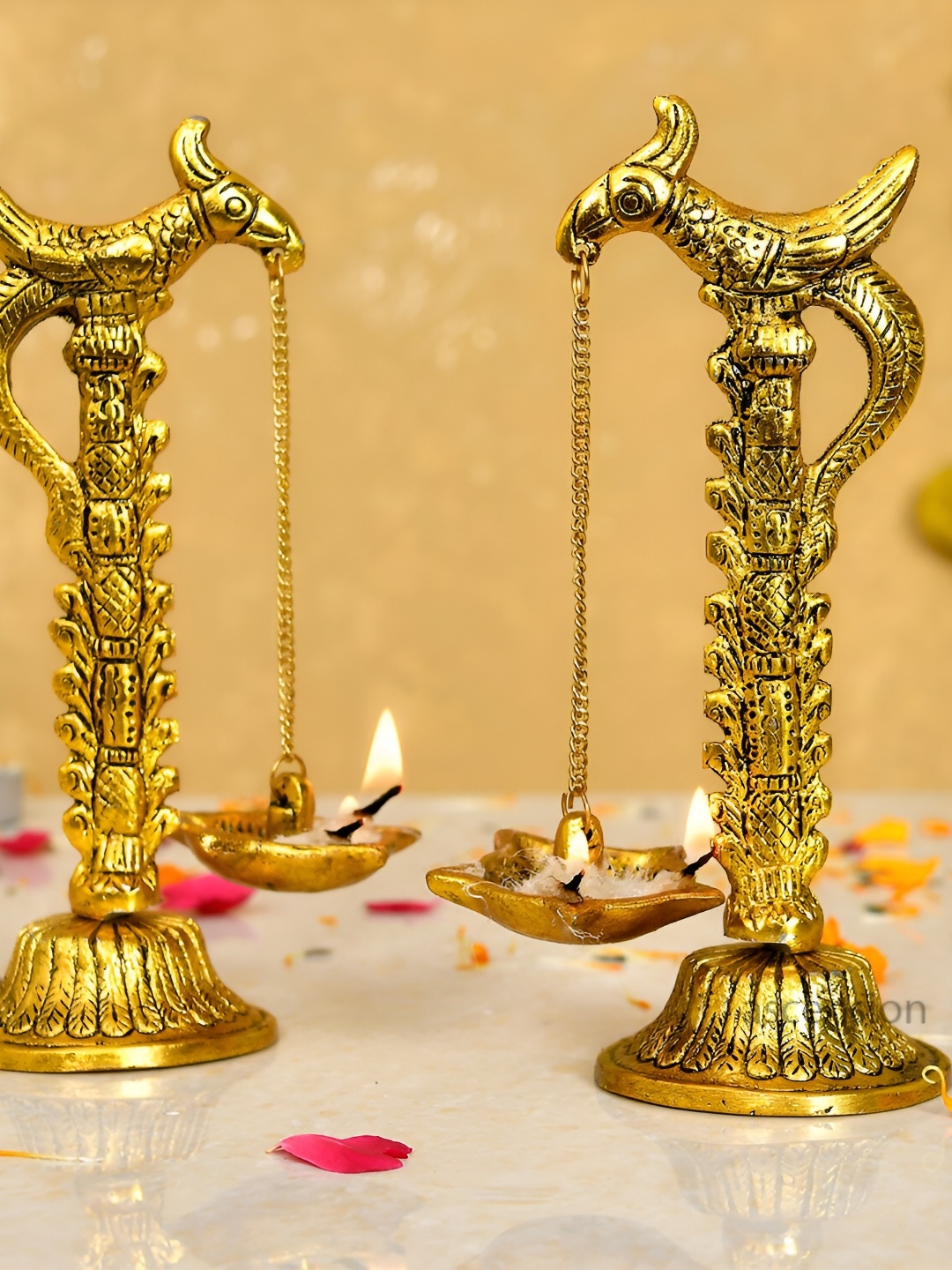 

Ascension Yellow 2 Pieces Peacock Chain Oil Lamp Diya, Gold