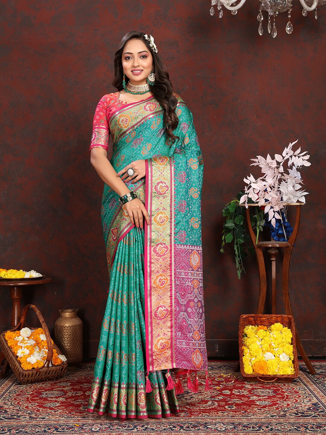 

Lookslady Ethnic Motifs Woven Design Zari Patola Saree, Sea green