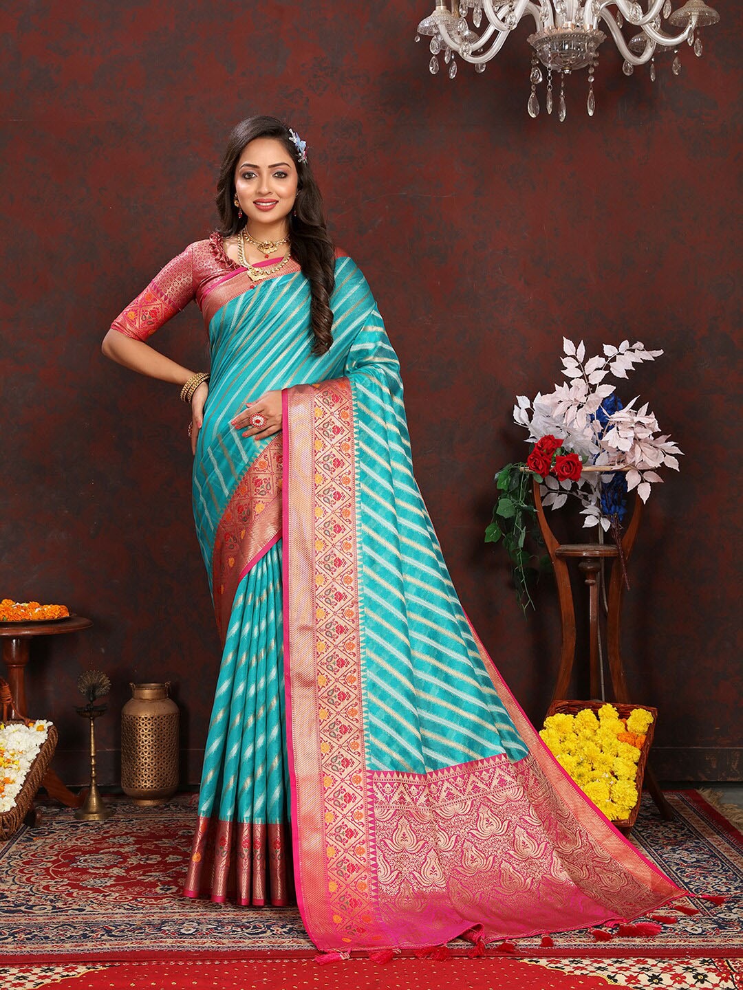 

Lookslady Ethnic Motifs Woven Design Zari Organza Banarasi Saree, Turquoise blue