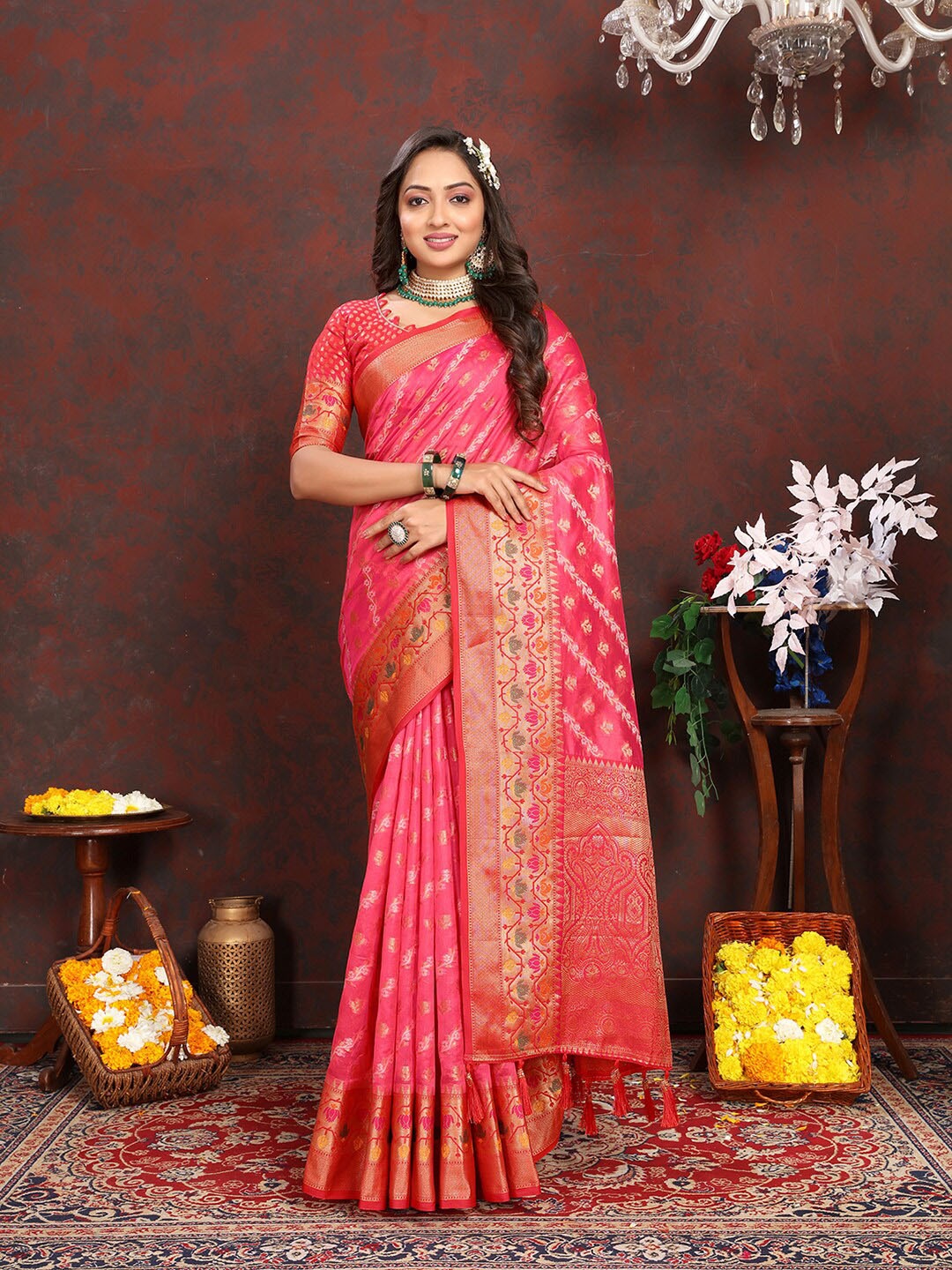 Lookslady Ethnic Motifs Woven Design Zari Organza Banarasi Saree, Pink