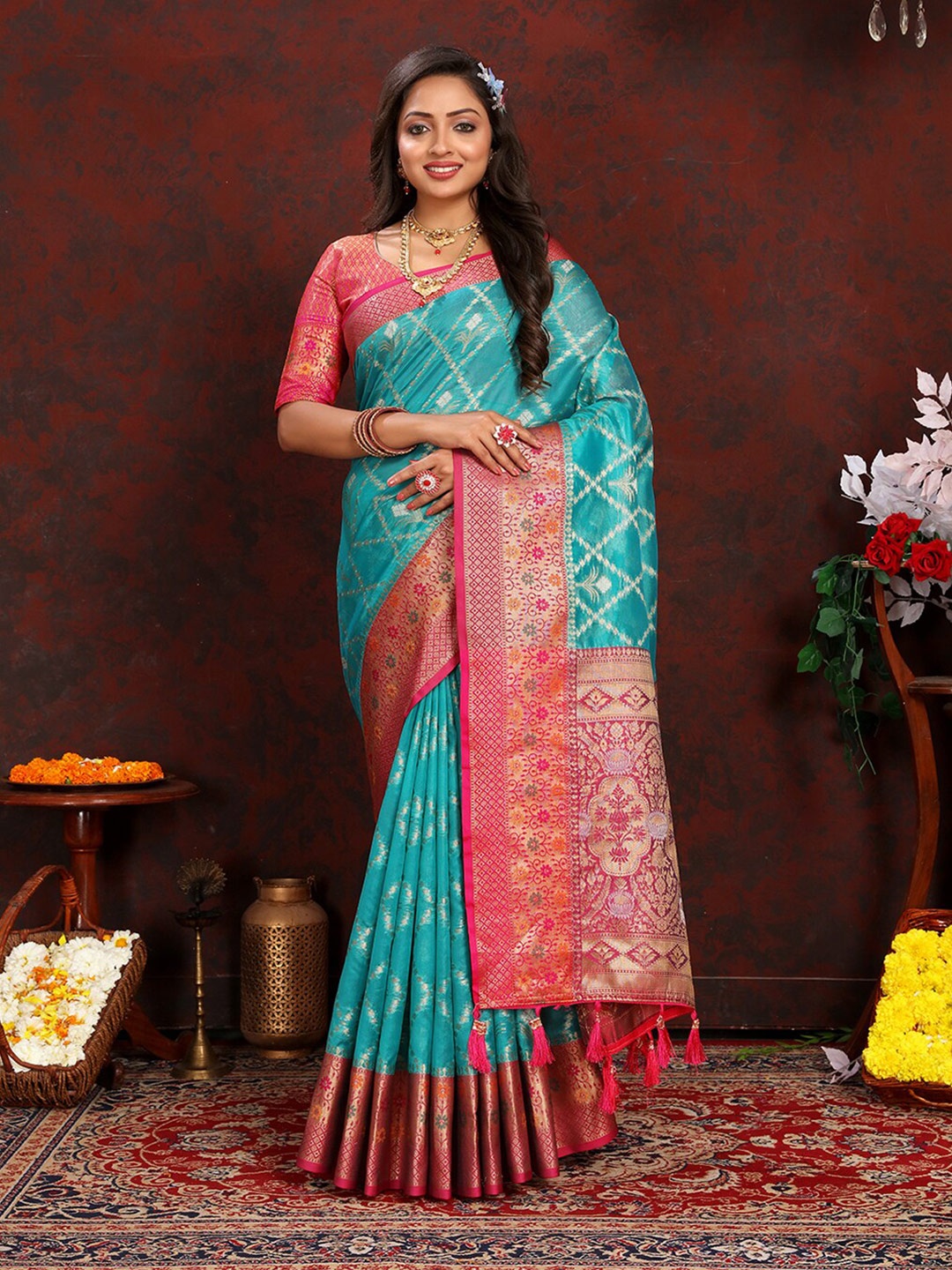 

Lookslady Ethnic Motifs Woven Design Zari Organza Banarasi Saree, Turquoise blue