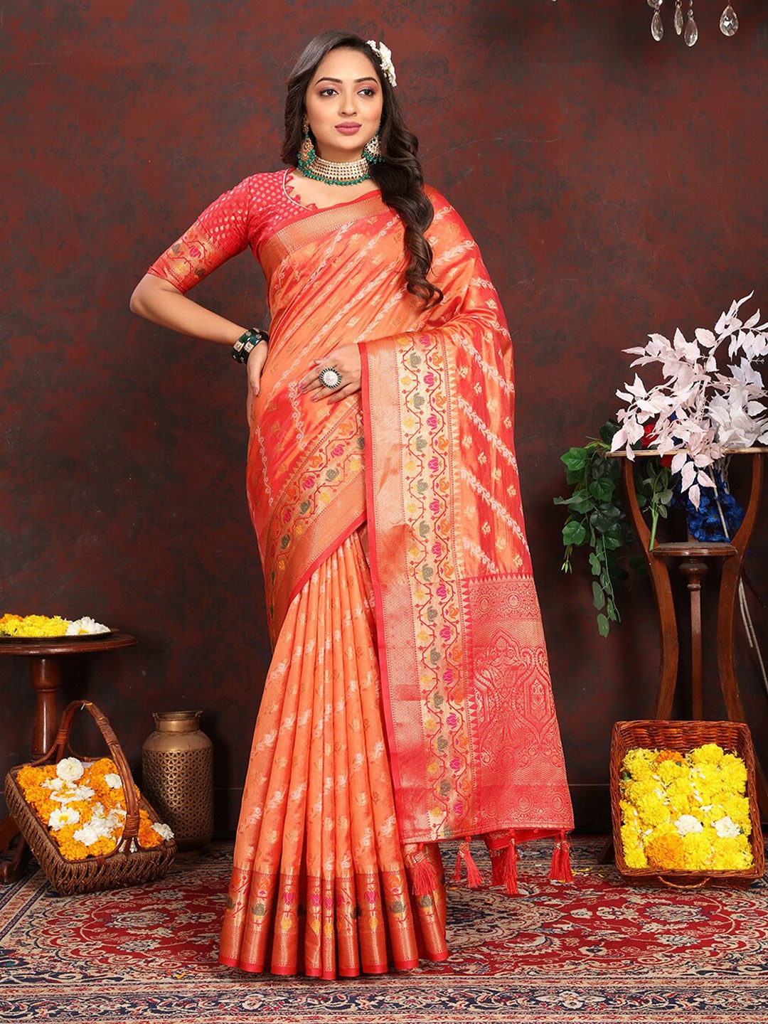 

Lookslady Ethnic Motifs Woven Design Zari Organza Banarasi Saree, Orange