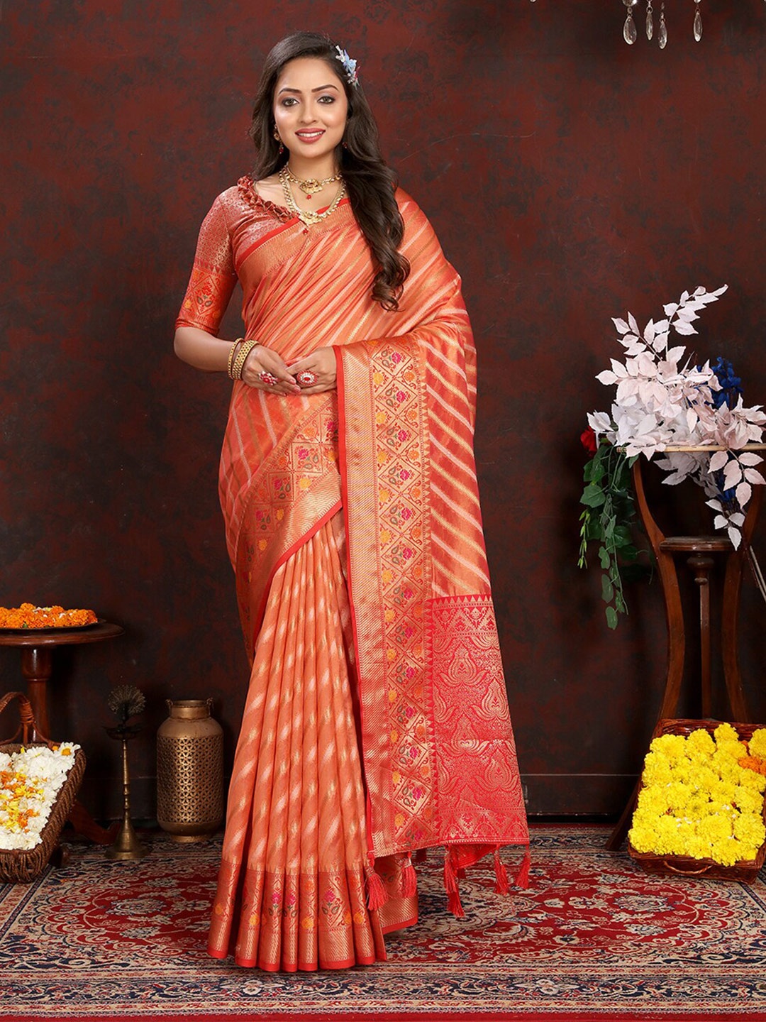

Lookslady Striped Woven Design Zari Organza Banarasi Saree, Orange