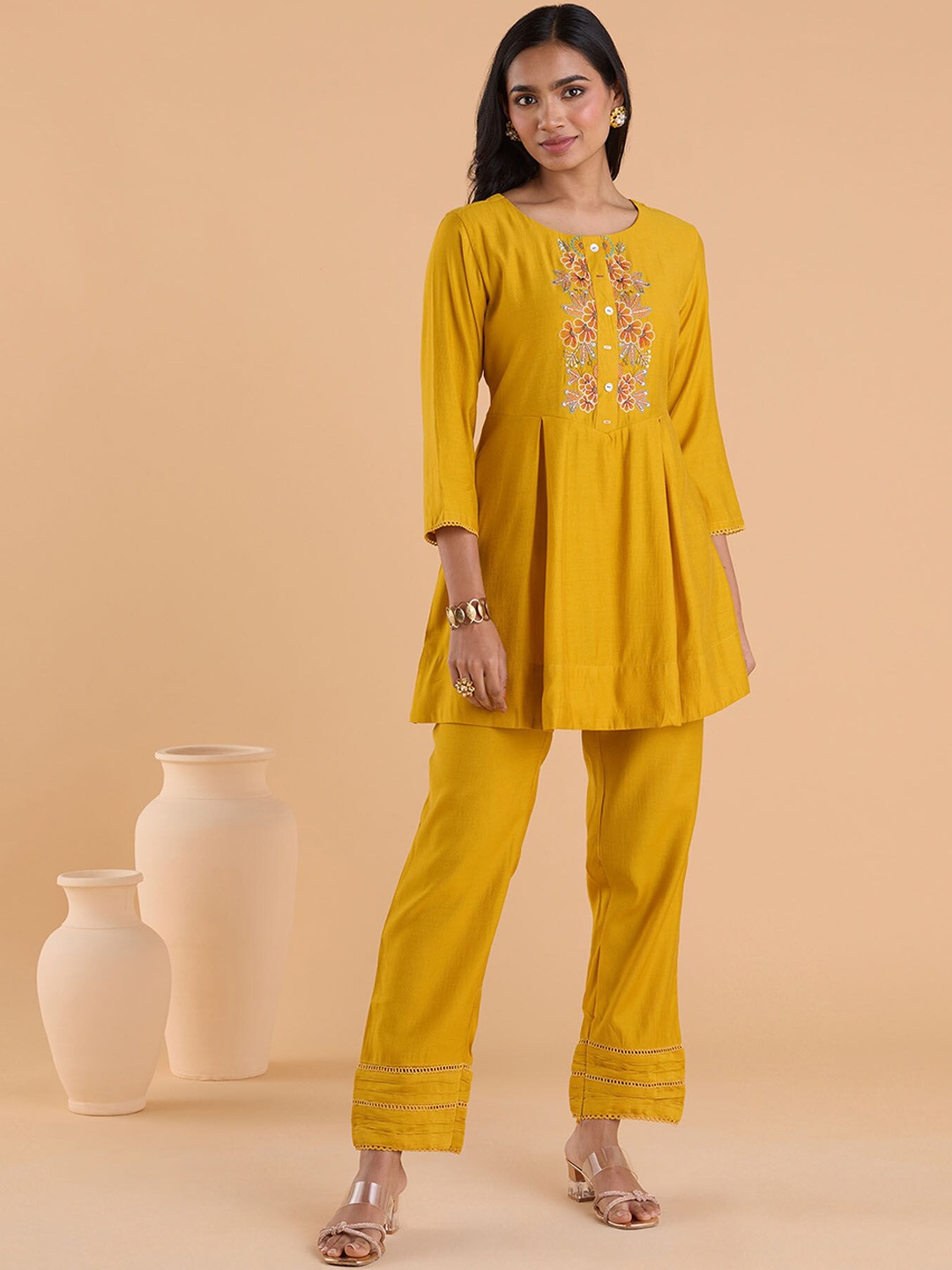 

Varanga Floral Embroidered Tunic With Trouser, Yellow