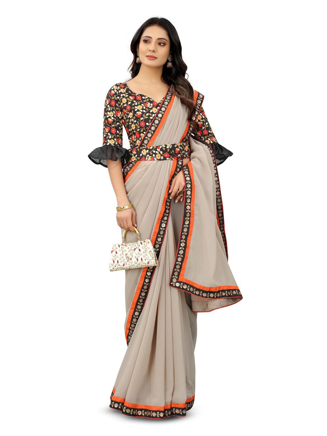 

PD Cloth Villa Embroidered Border Pure Georgette Saree, Beige