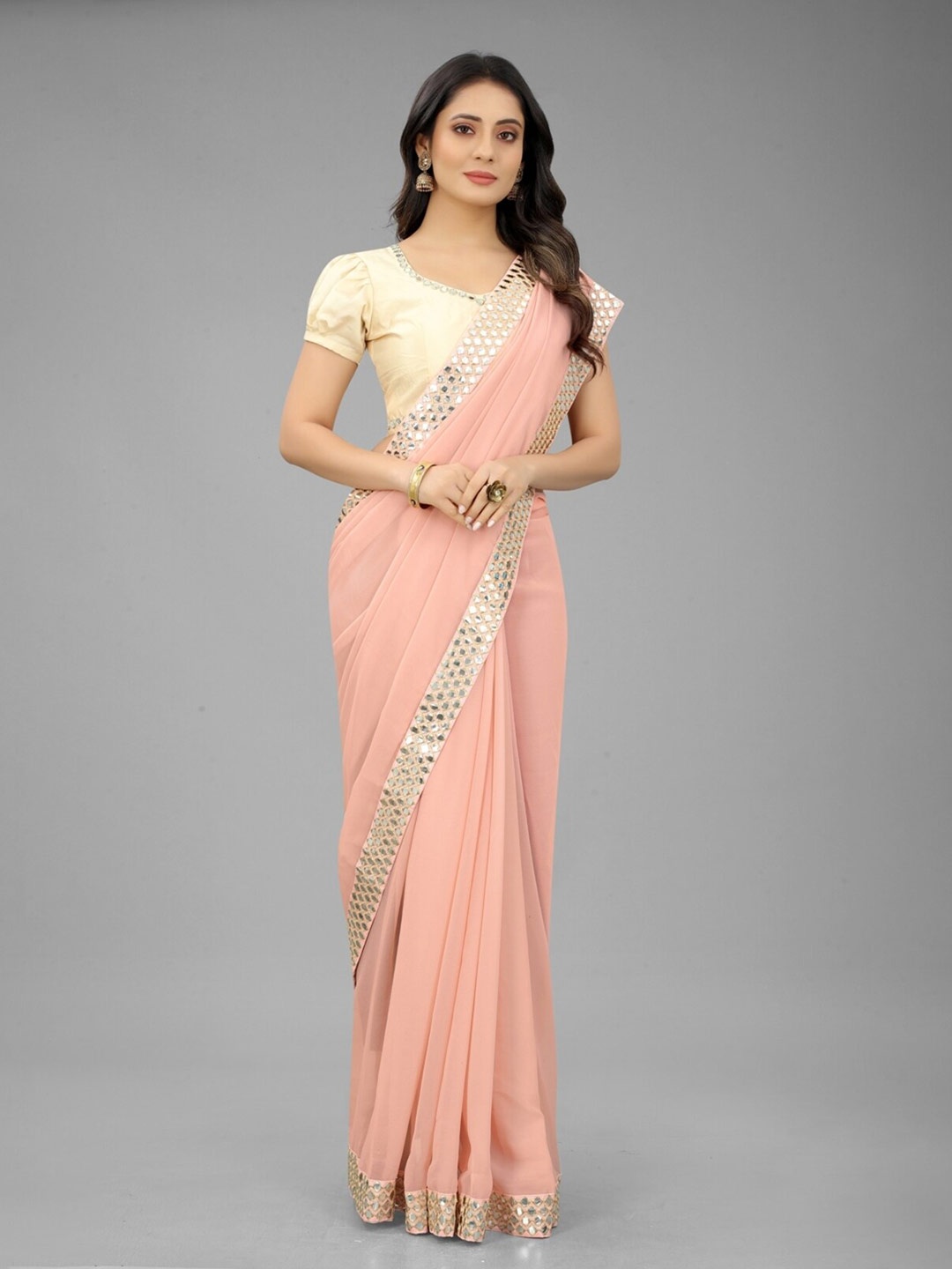 

PD Cloth Villa Mirror Work Pure Georgette Saree, Pink