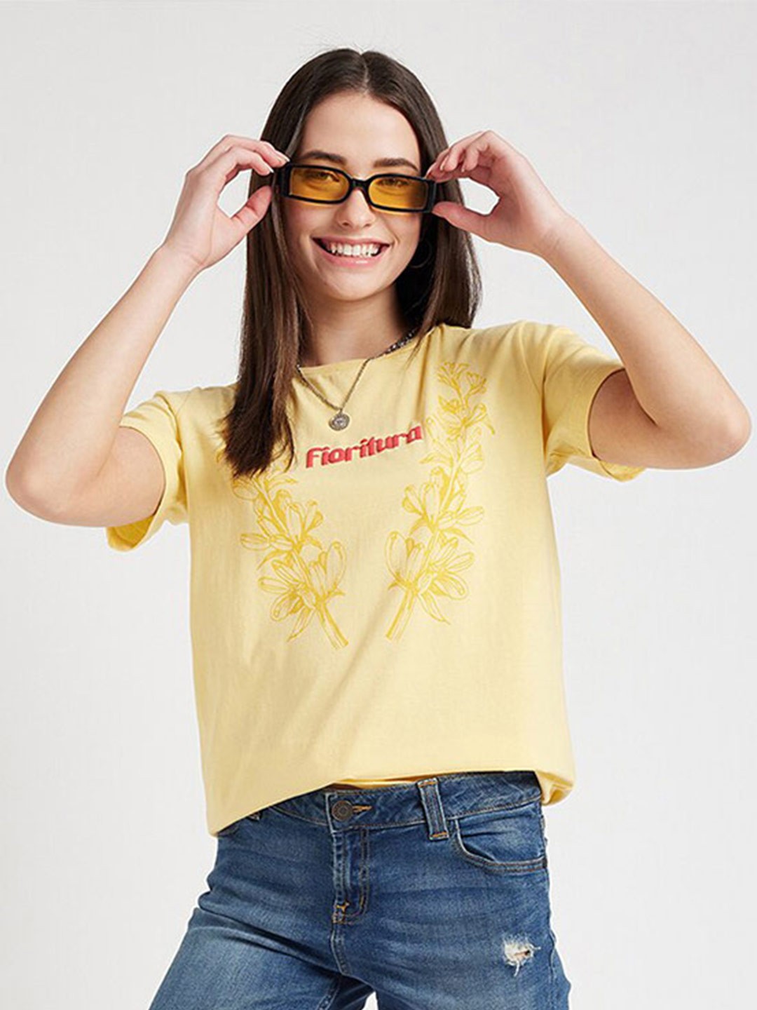

EDRIO Floral Printed Round Neck Regular Fit T-shirt, Yellow