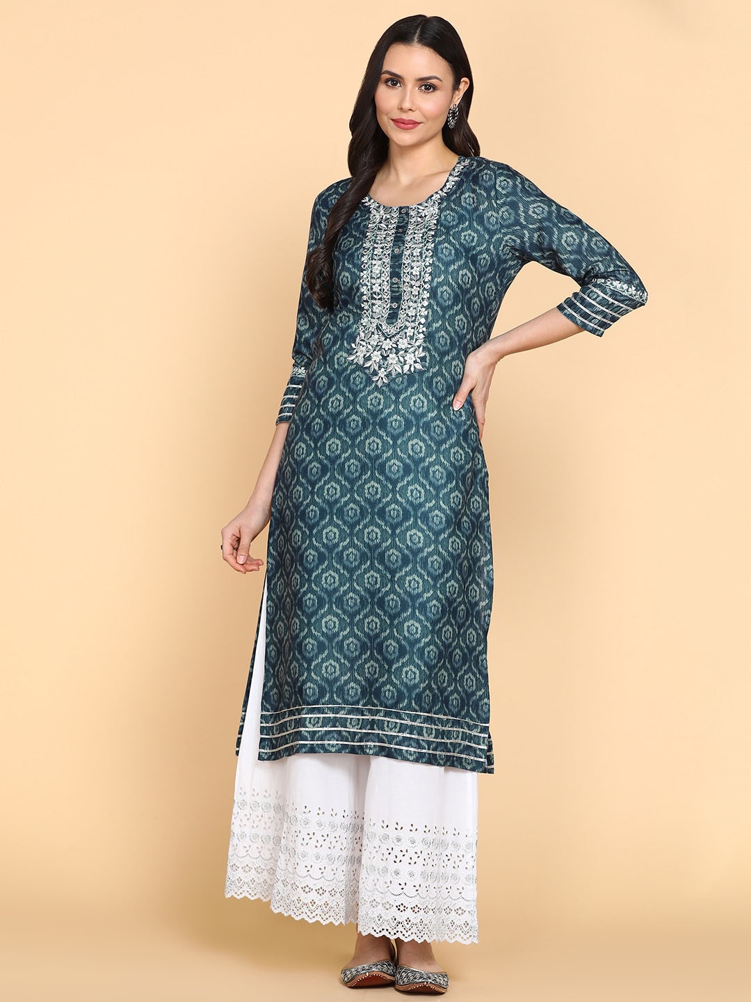 

aturabi Ethnic Motifs Printed Thread Work Detailed Pure Cotton Straight Kurta, Blue