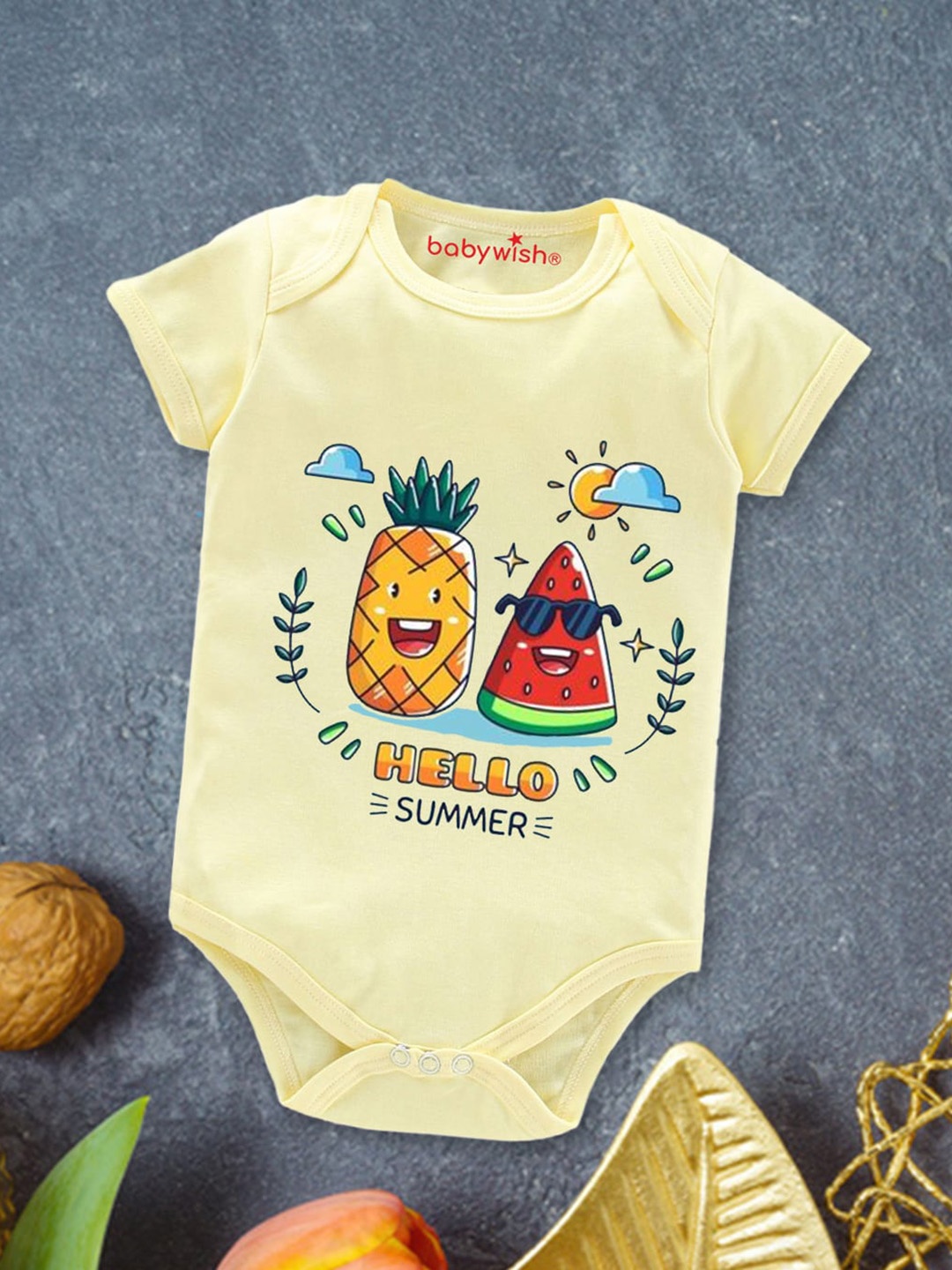 

Babywish Summer Infants Printed Breathable Cotton Bodysuit, Yellow