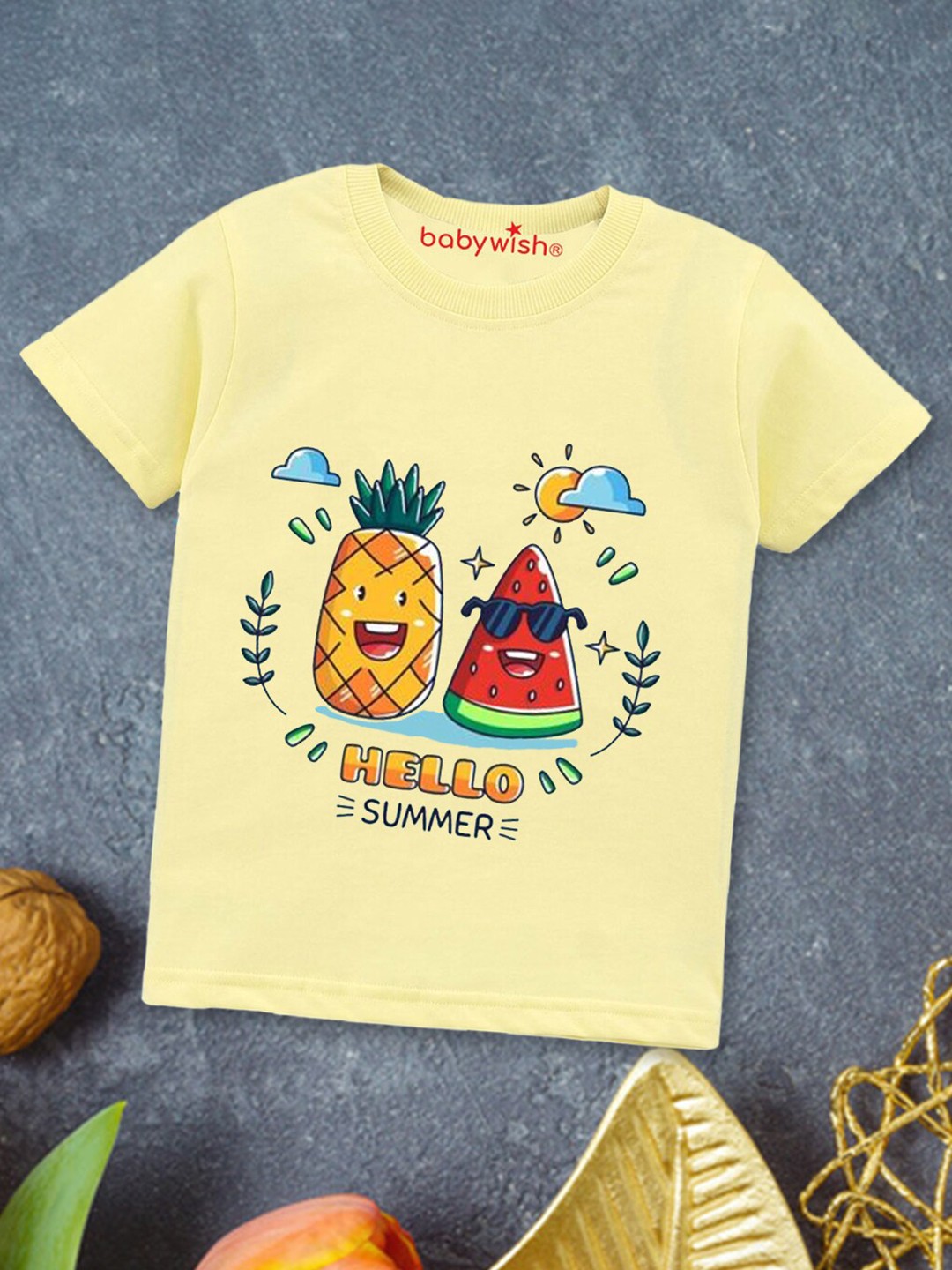

Babywish Kids Round Neck Graphic Printed Cotton T-shirt, Yellow
