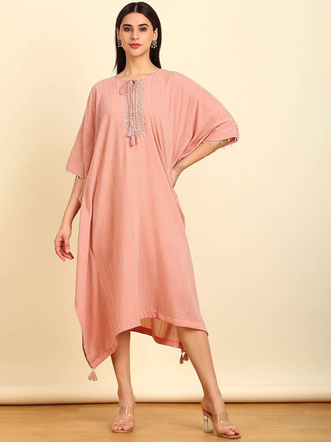 

Soch Women Striped Kaftan Dress With Beads, Peach