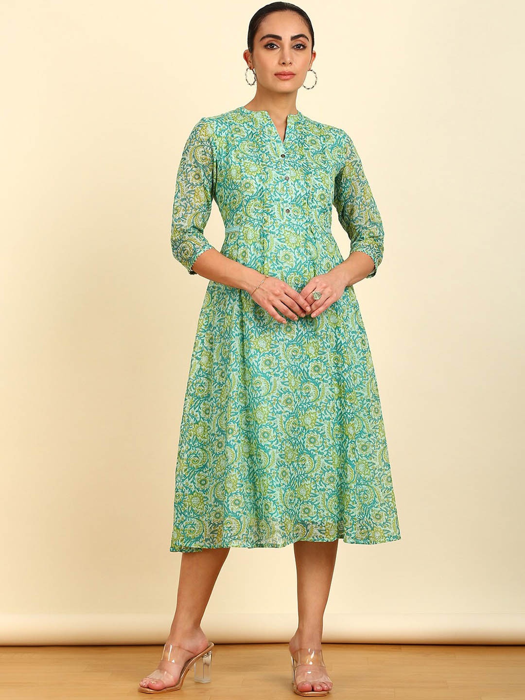 

Soch Green Floral Printed A-Line Cotton Ethnic Dress