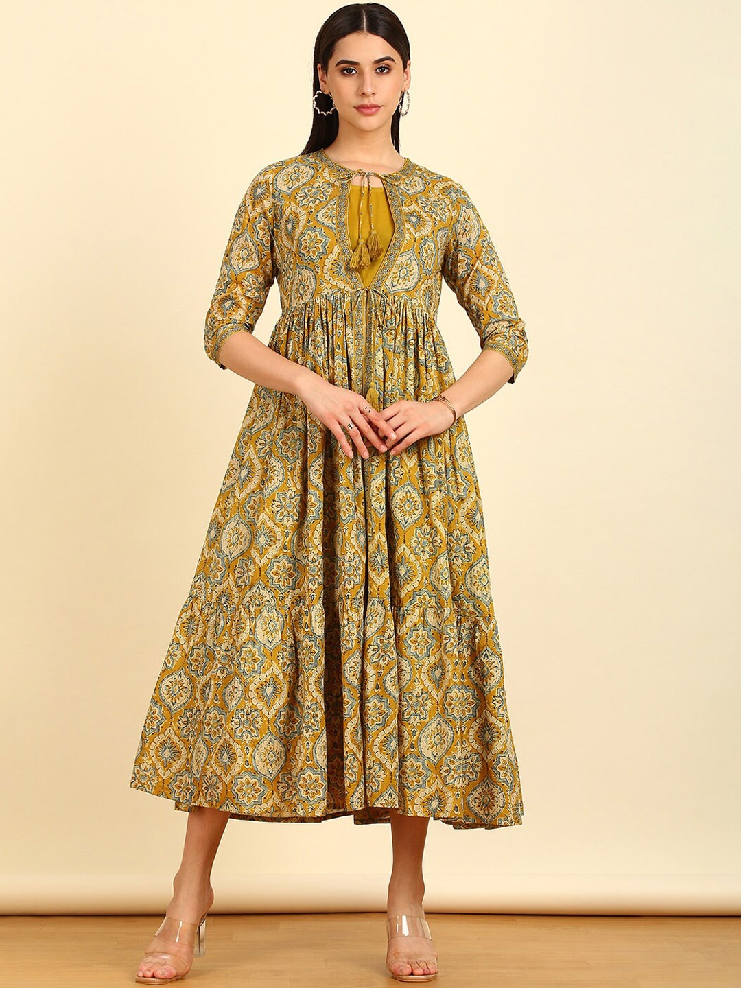 

Soch Sleeveless Tiered Cotton A-Line Midi Dress With Ethnic Motifs Printed Shrug, Mustard