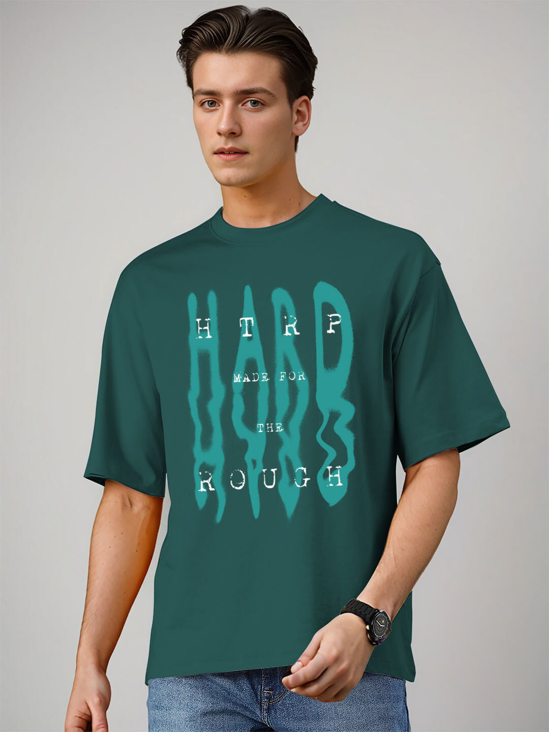 

Huetrap Round Neck Typography Printed Cotton Drop Shoulder Sleeves T-shirt, Teal