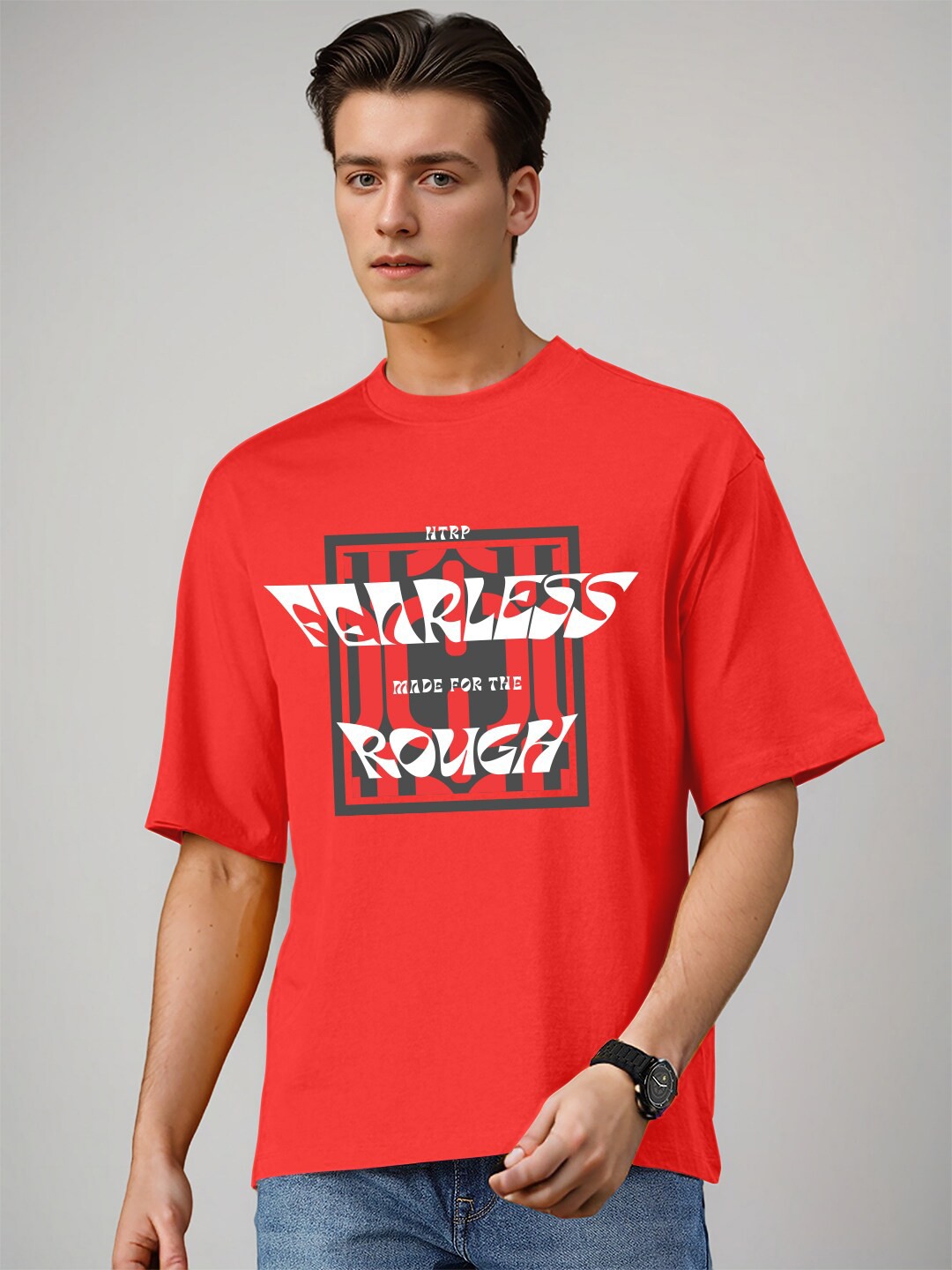 

Huetrap Round Neck Printed Cotton T-shirt, Red