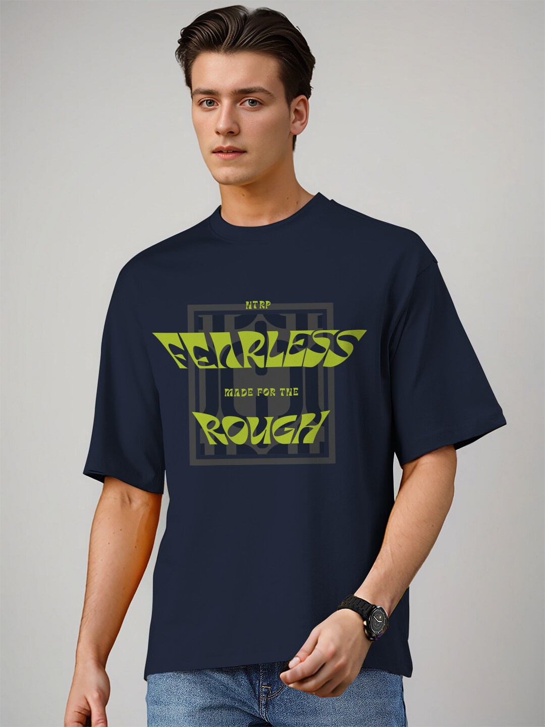 

Huetrap Typography Printed Round Neck Cotton T-shirt, Navy blue