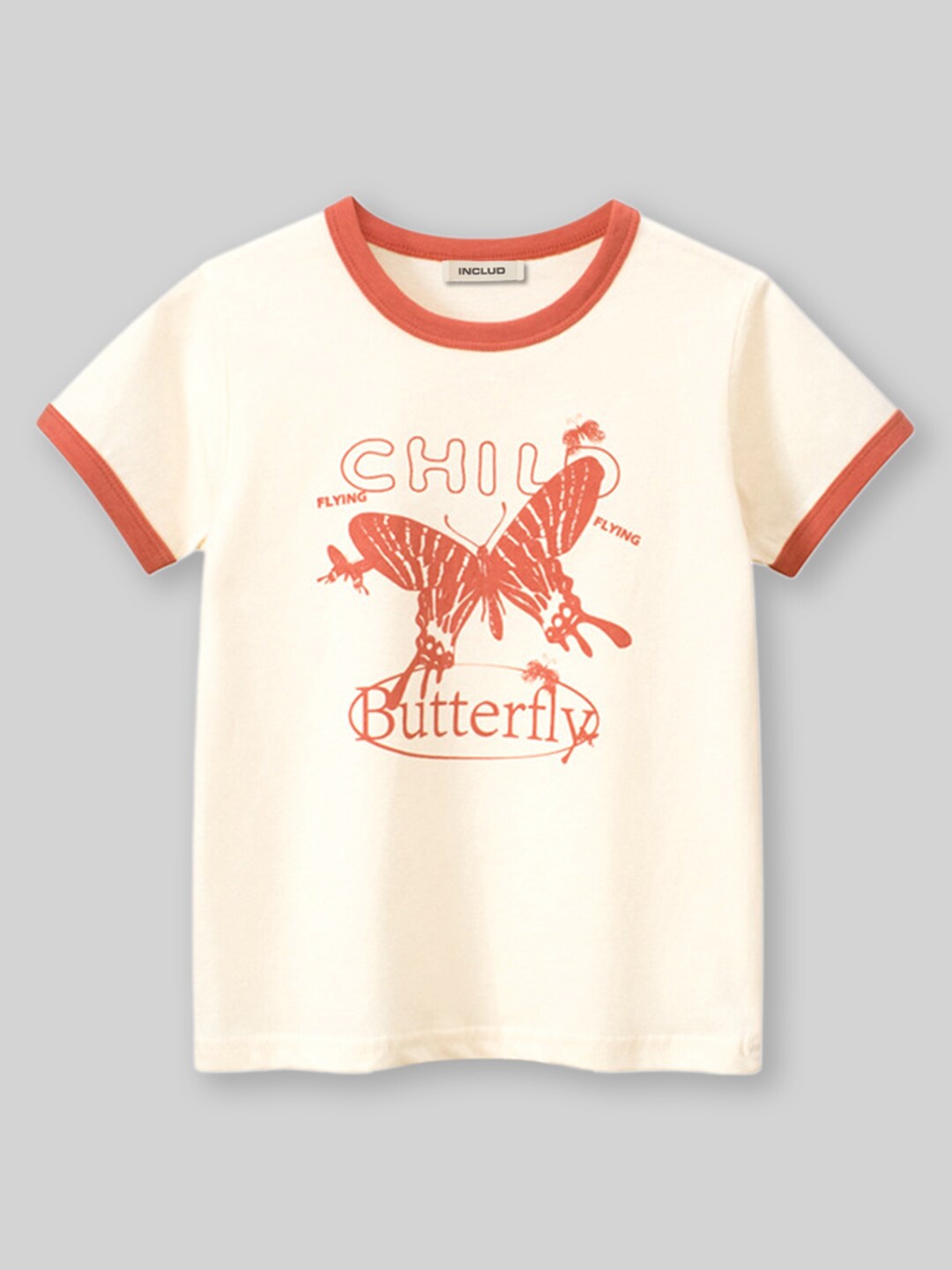 

INCLUD Girls Butterfly Printed Short Sleeves T-shirt, Beige