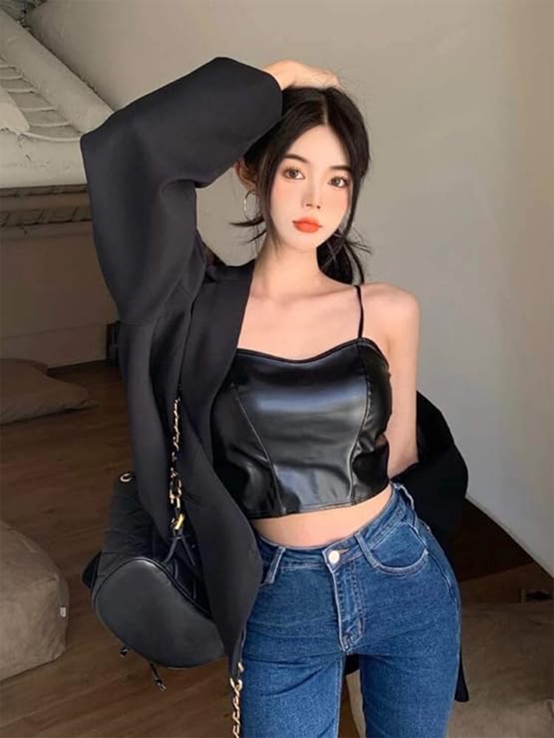 

BRACHY Shoulder Straps Leather Crop Top, Black