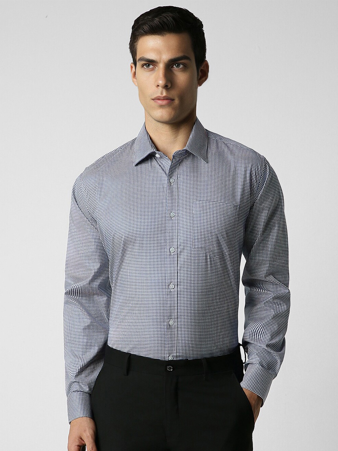 

Van Heusen Spread Collar Long Sleeves Slim Fit Cotton Checked Formal Shirt, Blue