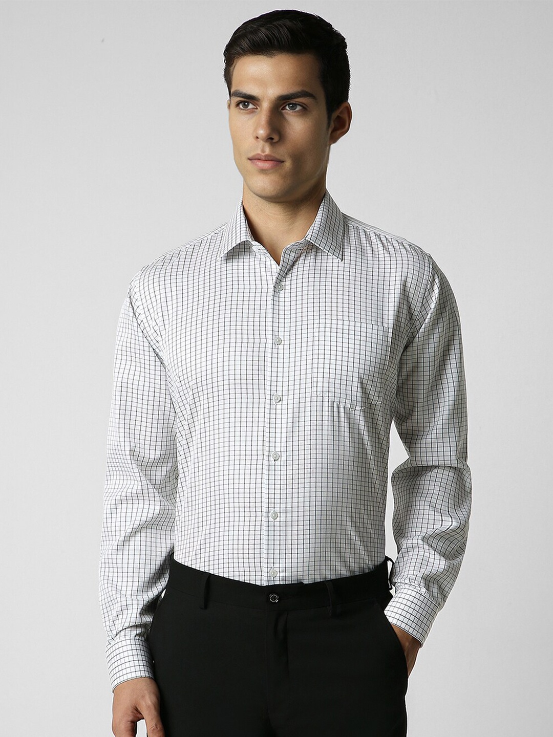 

Van Heusen Spread Collar Long Sleeves Slim Fit Cotton Checked Formal Shirt, White