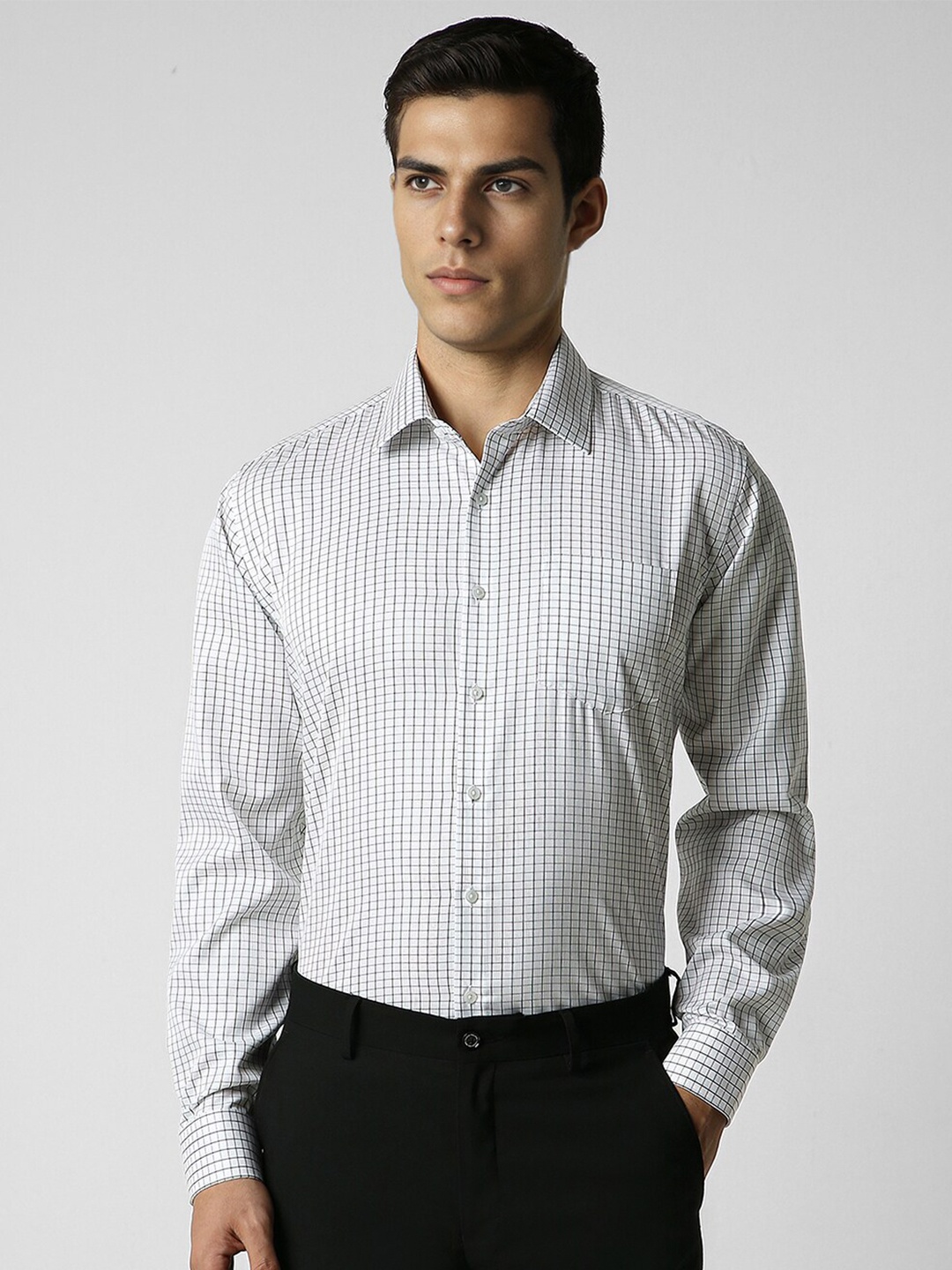 

Van Heusen Spread Collar Long Sleeves Slim Fit Checked Regular Fit Cotton Formal Shirt, White