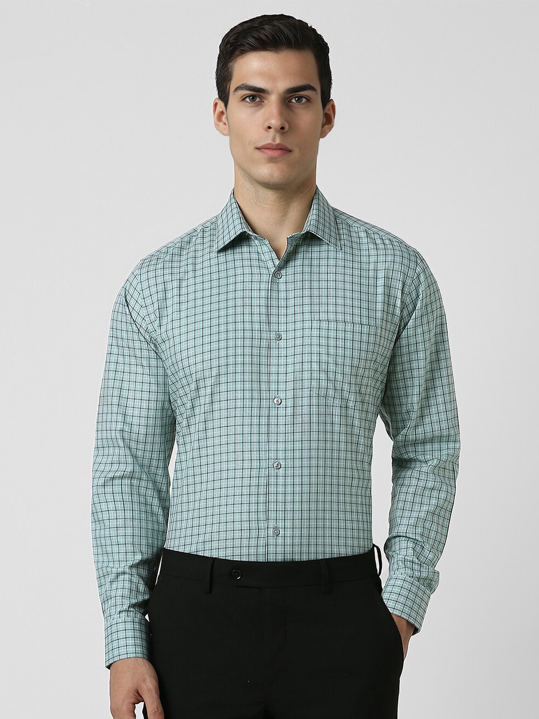 

Van Heusen Spread Collar Long Sleeves Regular Fit Cotton Checked Formal Shirt, Green