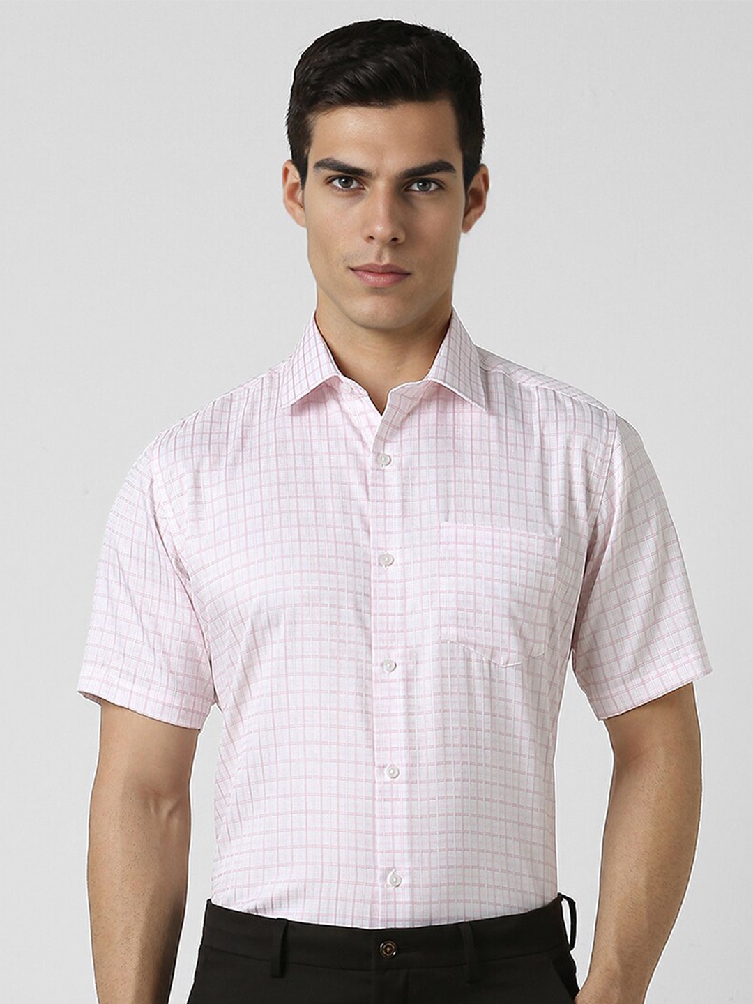 

Van Heusen Spread Collar Short Sleeves Regular Fit Cotton Checked Formal Shirt, Pink