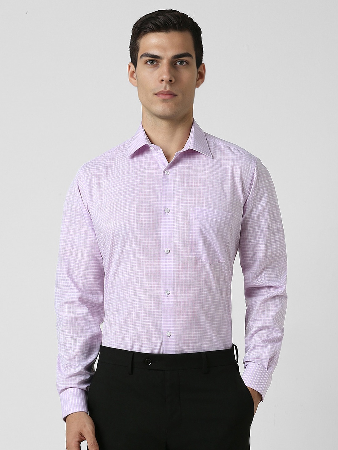 

Van Heusen Spread Collar Long Sleeves Regular Fit Cotton Checked Formal Shirt, Purple