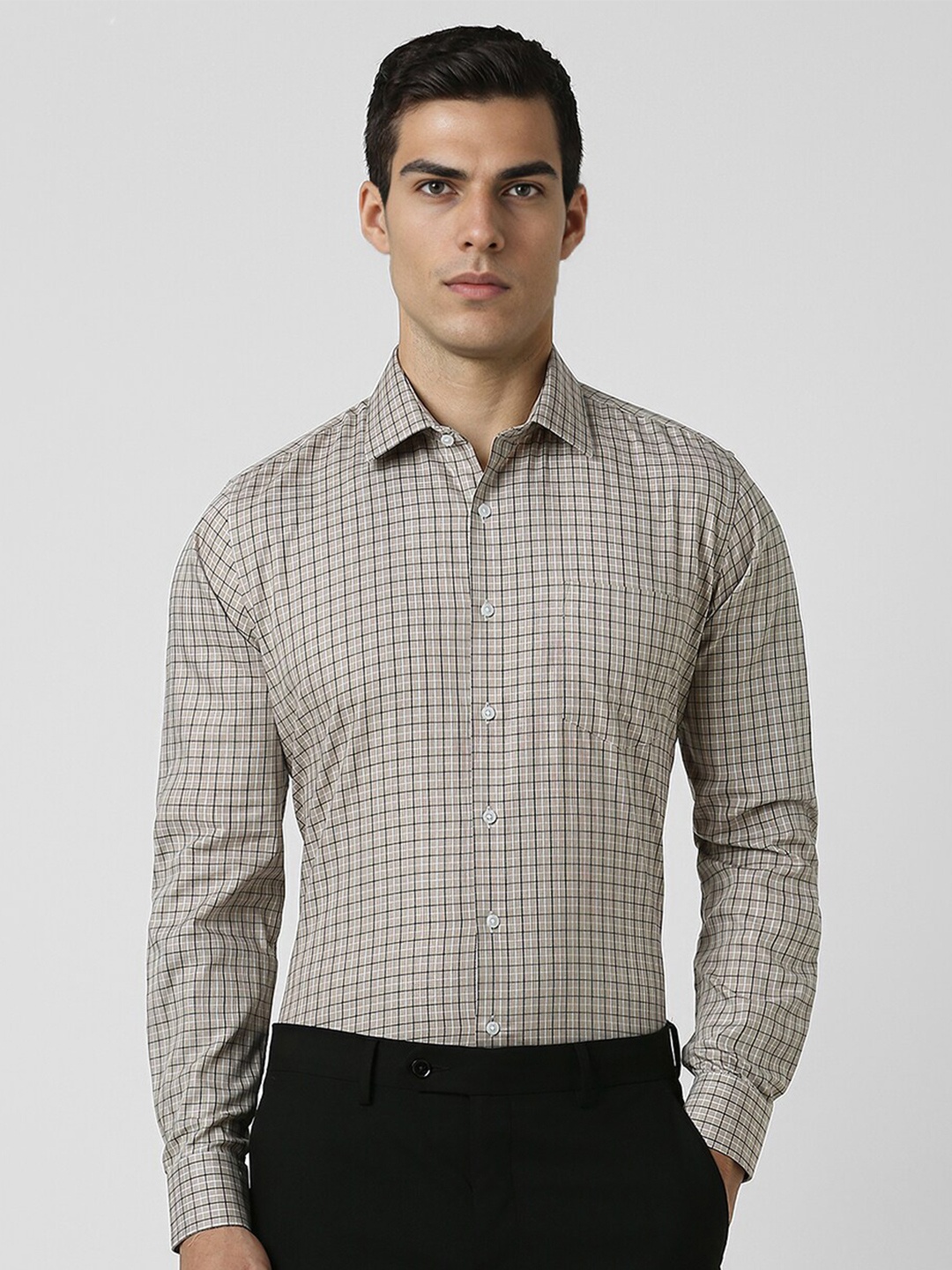 

Van Heusen Spread Collar Long Sleeves Slim Fit Cotton Checked Formal Shirt, Beige