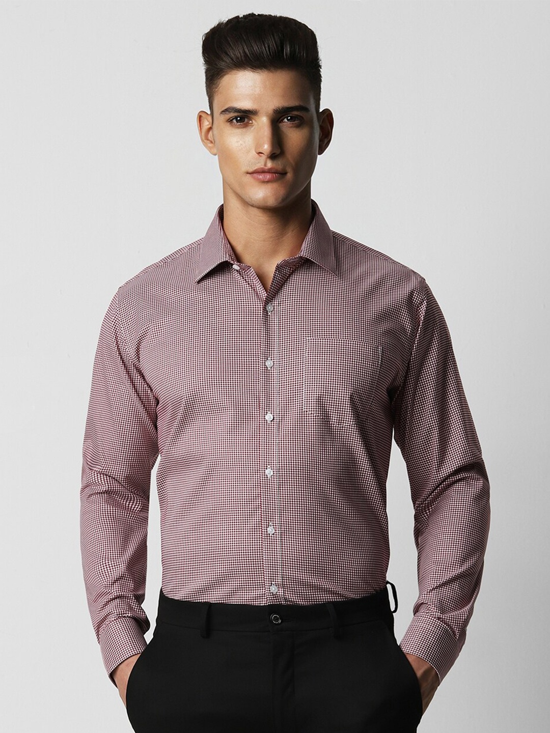 

Van Heusen Spread Collar Long Sleeves Slim Fit Cotton Checked Formal Shirt, Maroon