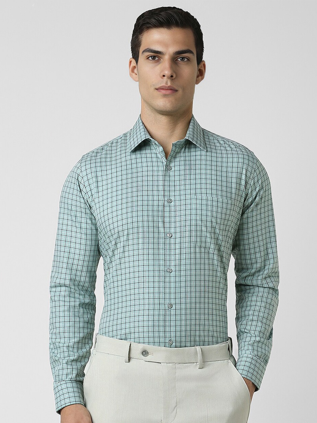 

Van Heusen Spread Collar Long Sleeves Slim Fit Cotton Checked Formal Shirt, Green