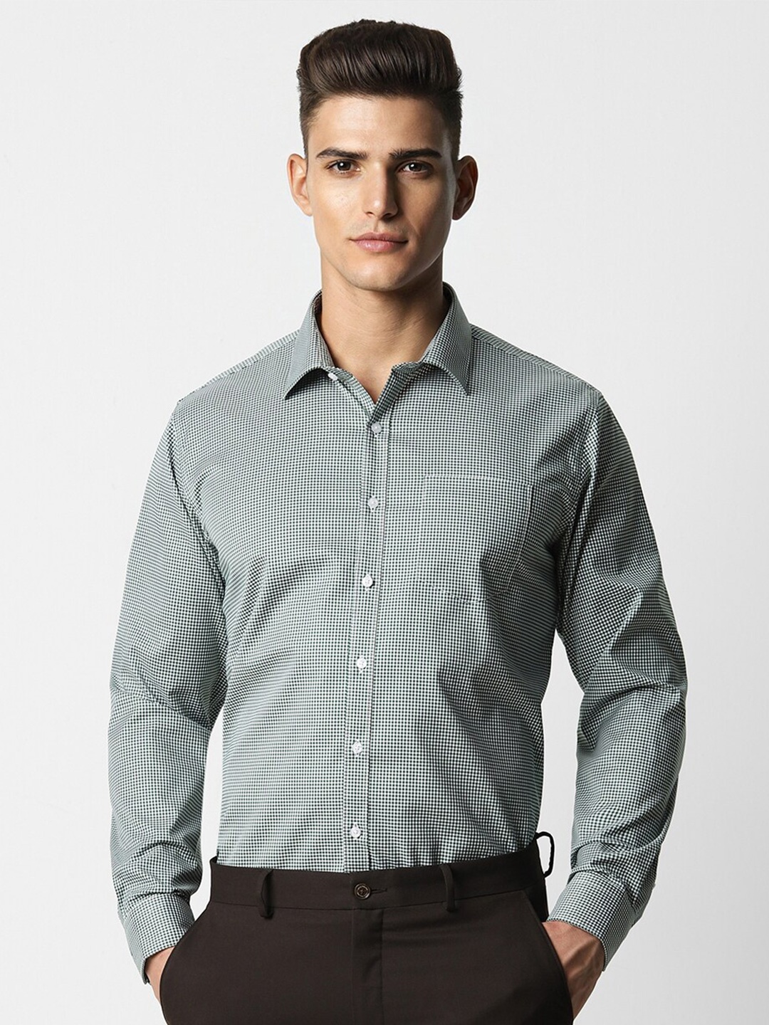 

Van Heusen Spread Collar Long Sleeves Slim Fit Cotton Checked Formal Shirt, Green