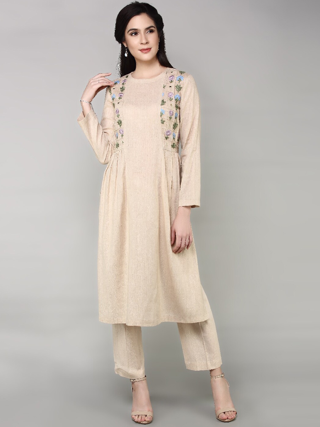 

KALINI Floral Embroidered Straight Pure Cotton Kurta with Palazzos, Beige
