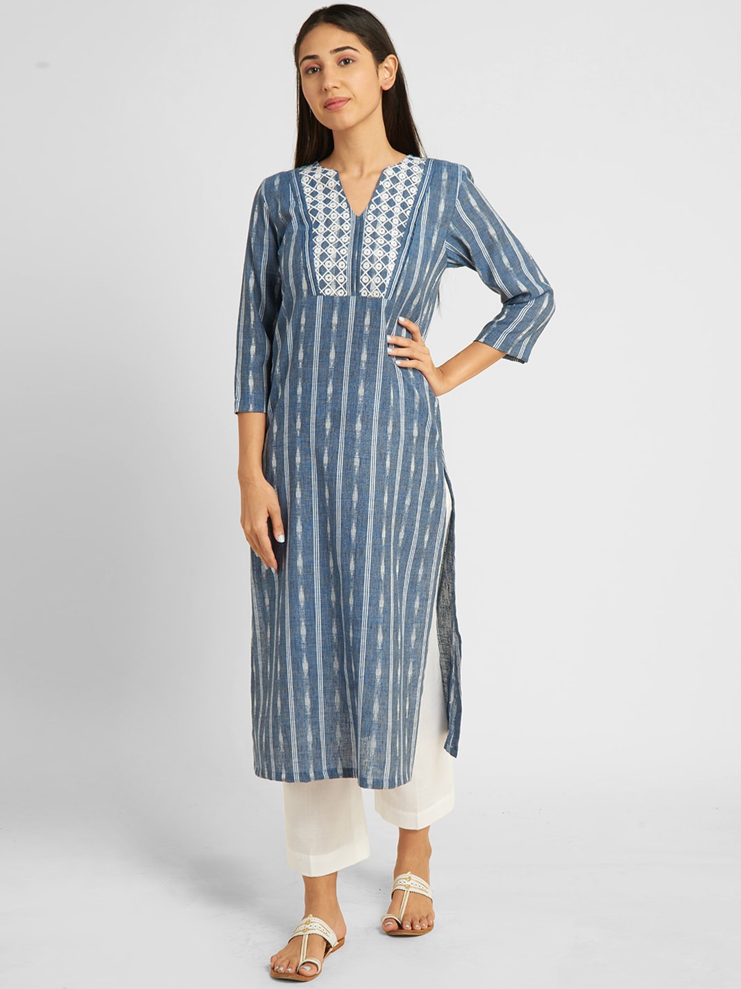 

KALINI Floral Embroidered Straight Pure Cotton Kurta with Trousers, Blue